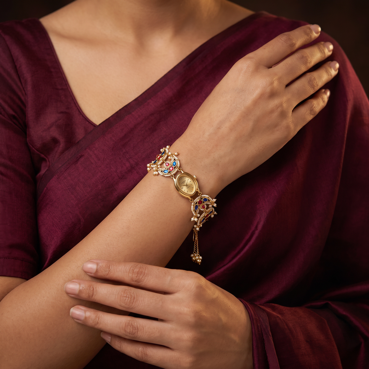Curved Openwork Kundan Watch with Decorative Bracelet Links