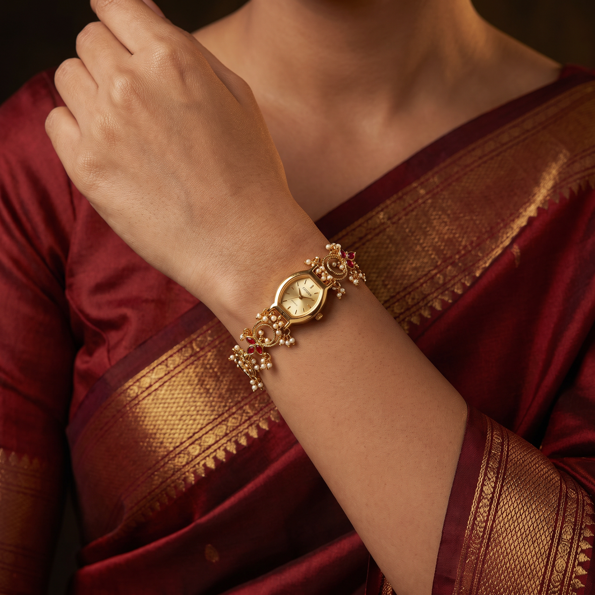 Decorative Floral Kundan Watch with Graceful Bracelet Design
