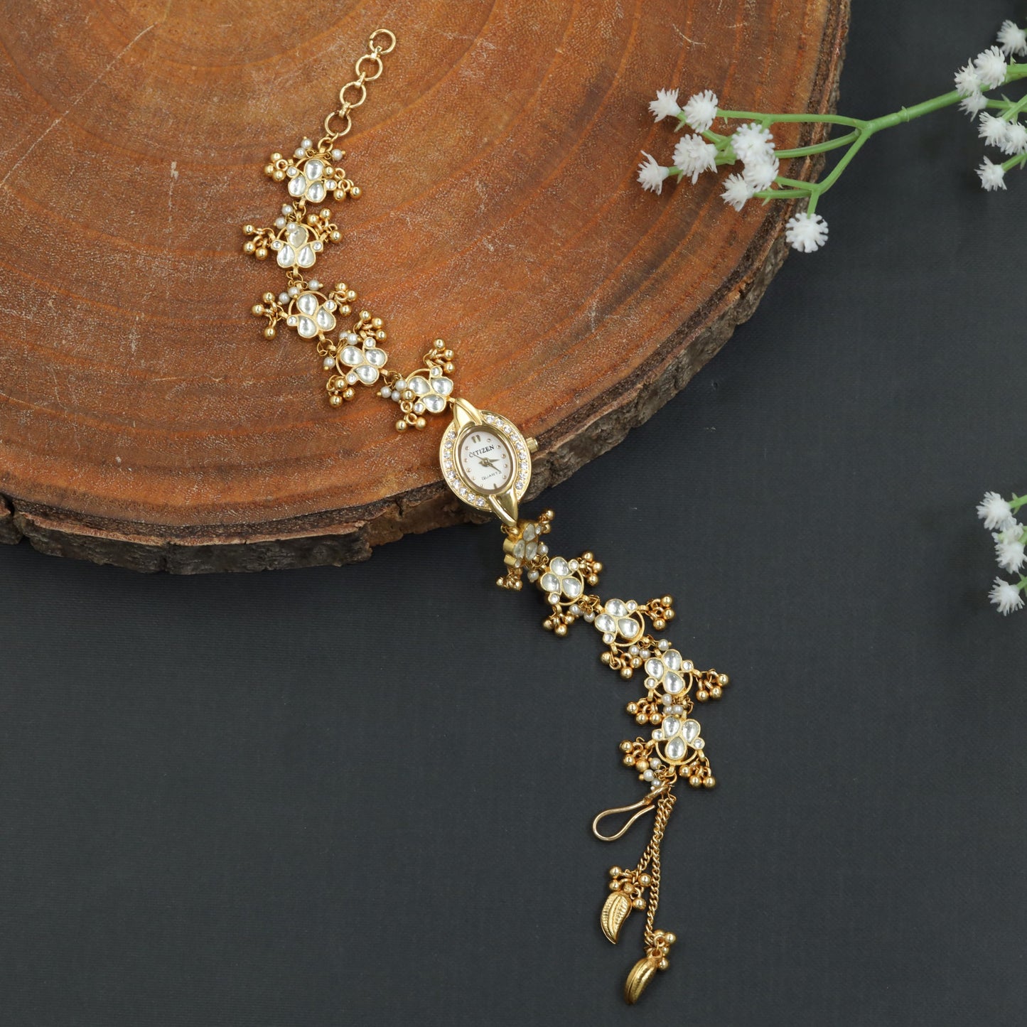 Blossom Link Kundan Watch with Floral Bracelet Design