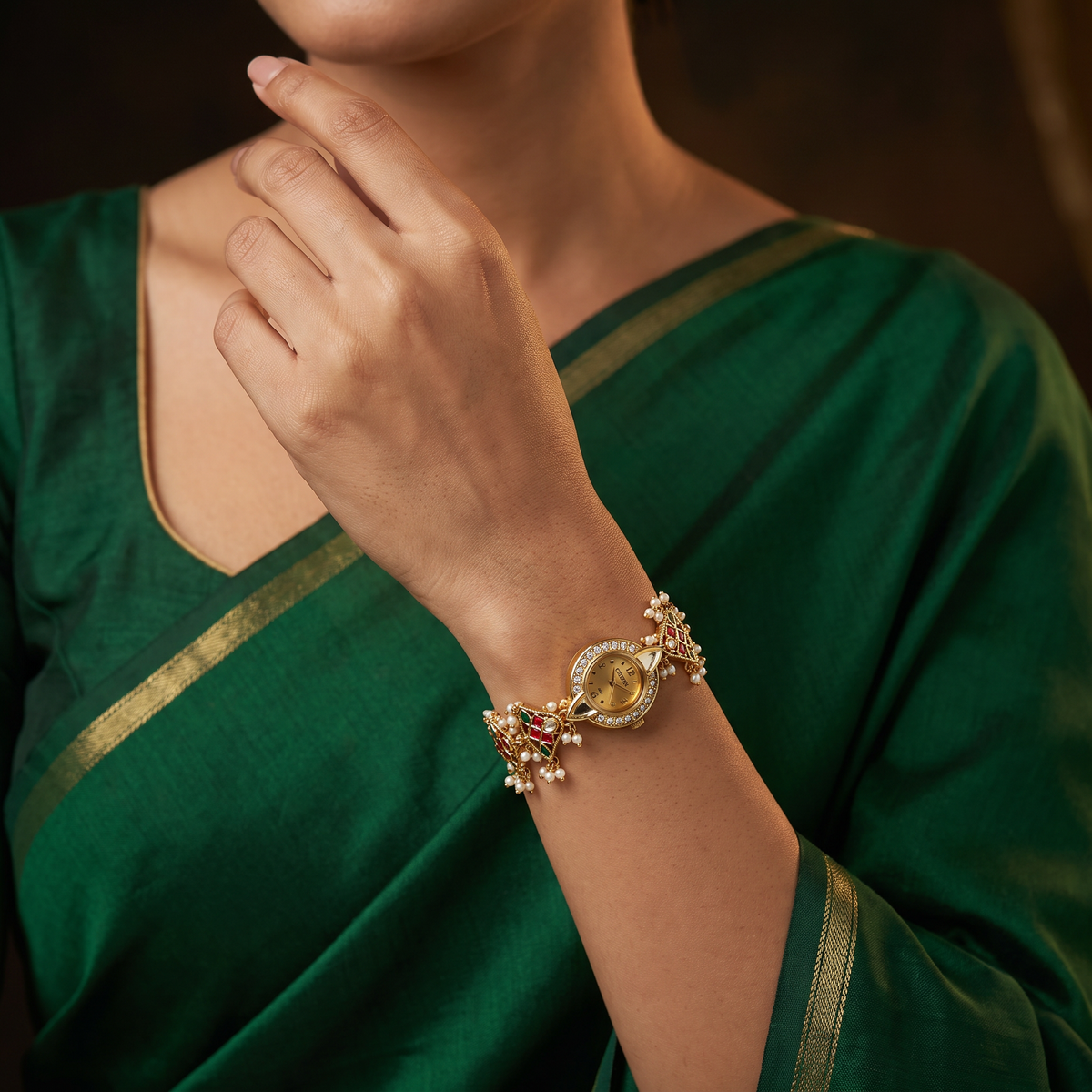Ornamental Kundan Watch with Geometric Bracelet Details