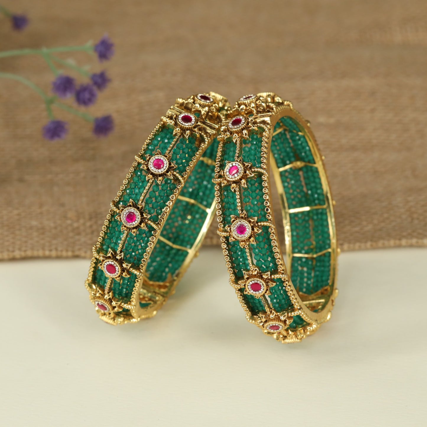 Decorative Floral Antique Bangles Featuring Beaded Frame Detailing
