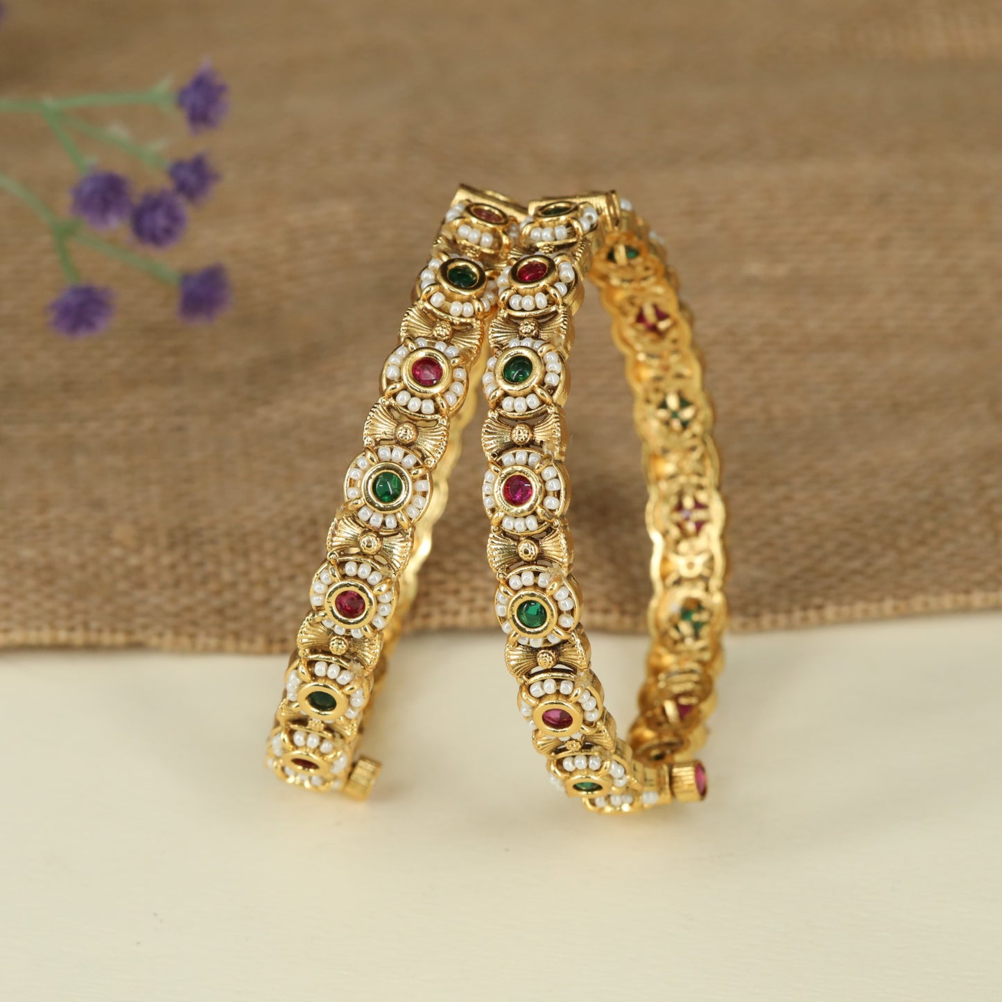 Pearl Halo Antique Bangles with Oval Centre Detailing