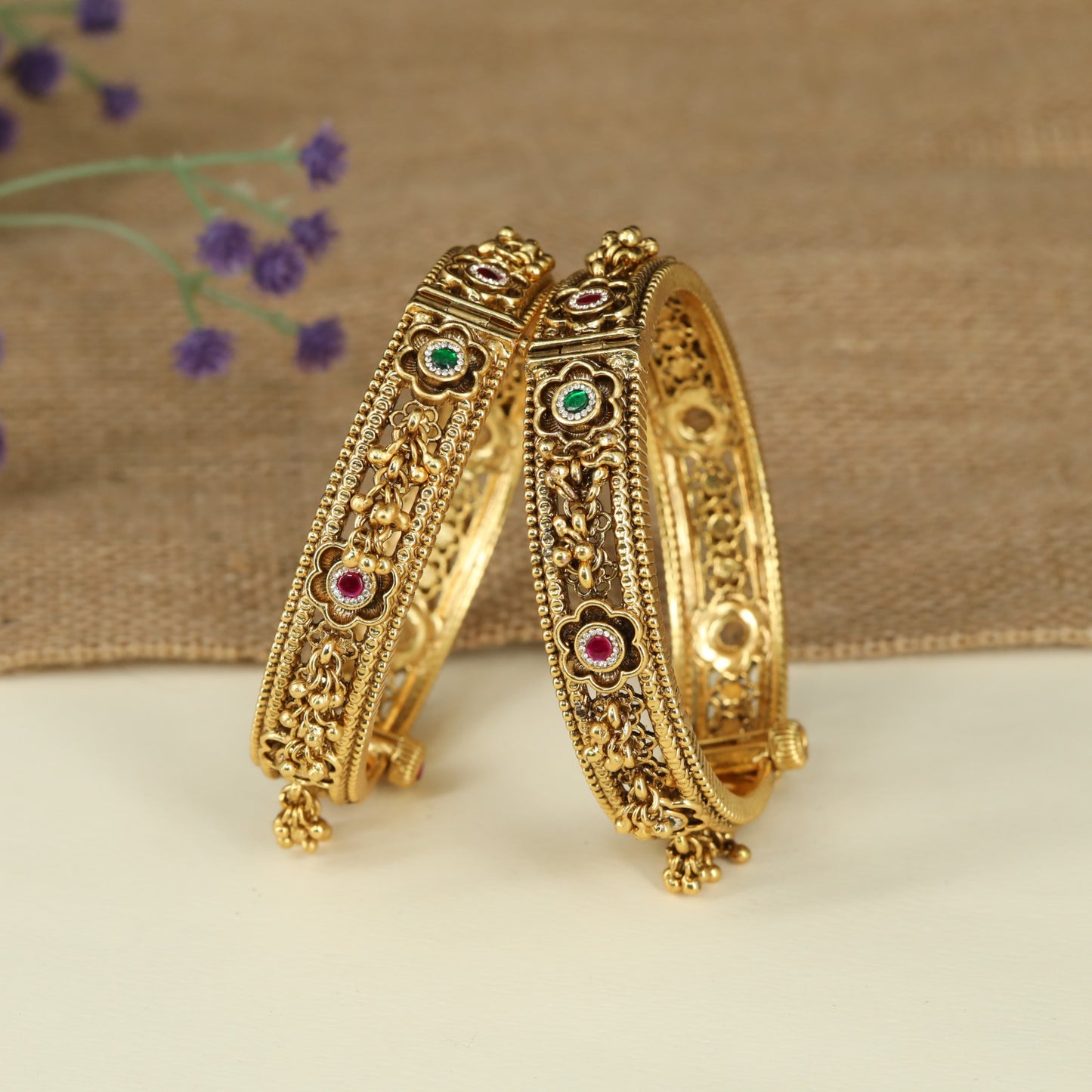 Elegant Antique Bangles with Intricate Botanical Relief Work