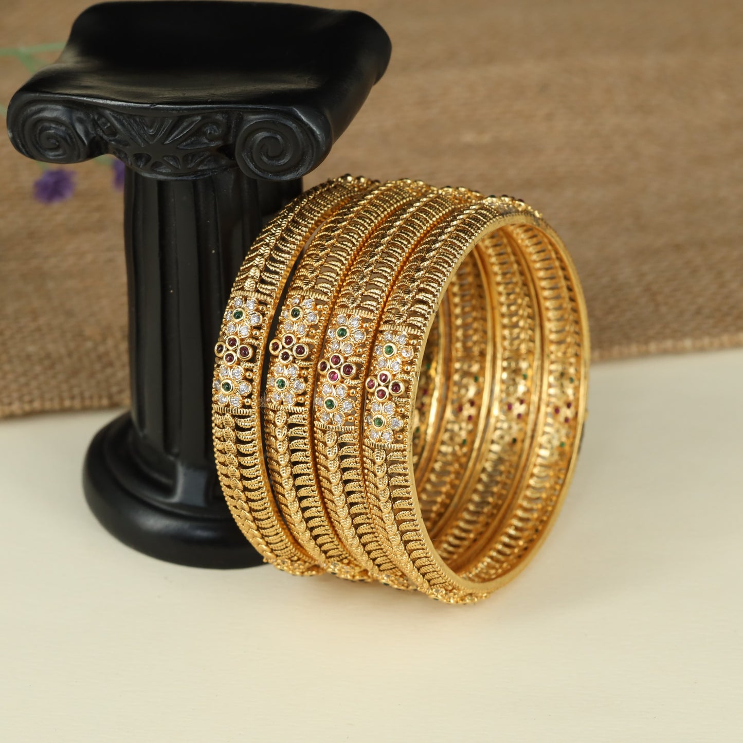 Rope Border Antique Bangles with Floral Cluster Detailing