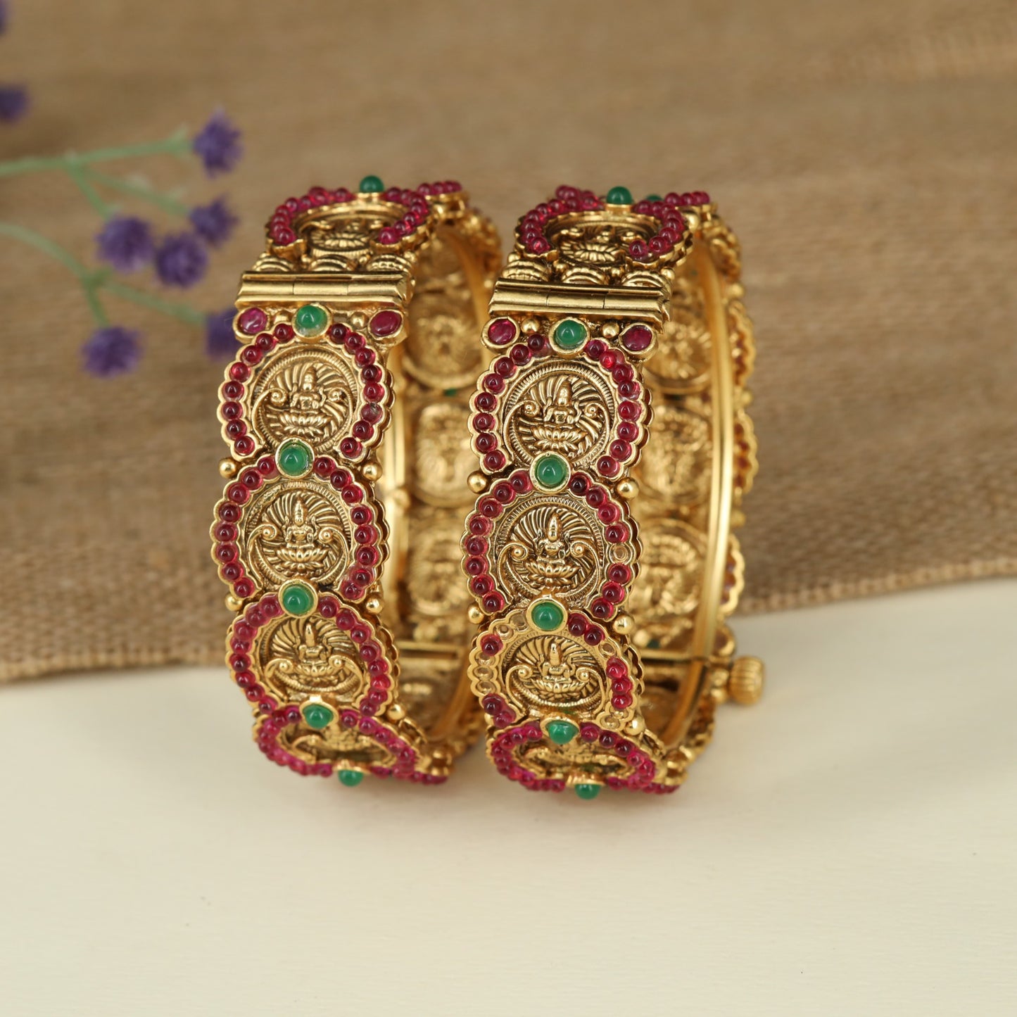 Decorative Temple Bangles with Intricate Lakshmi Relief Design