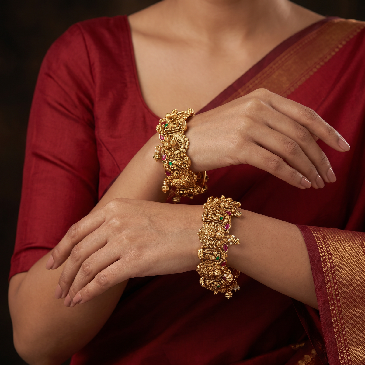 Peacock Antique Bangles with Temple Panel Design
