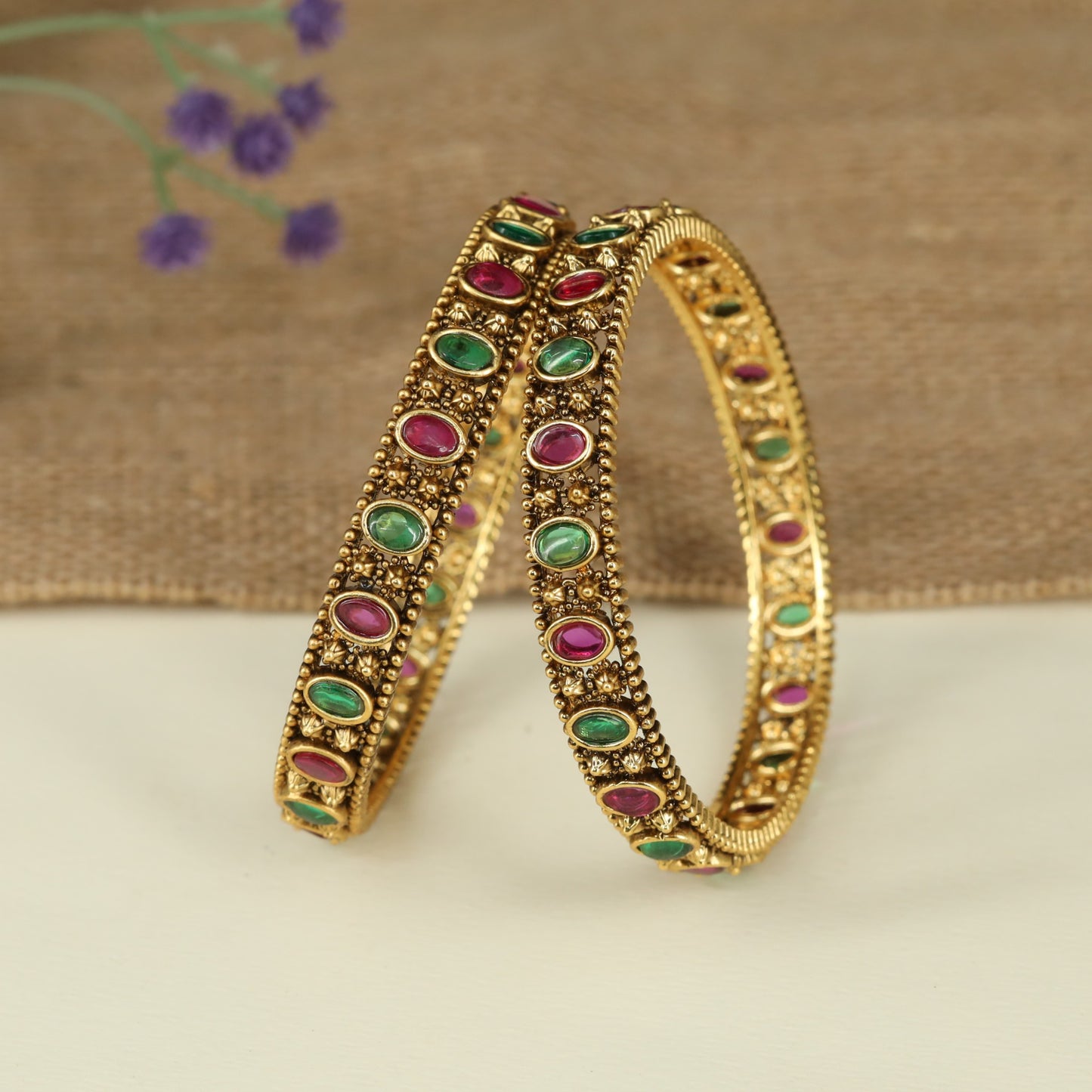 Oval Border Antique Bangles with Intricate Beaded Detailing