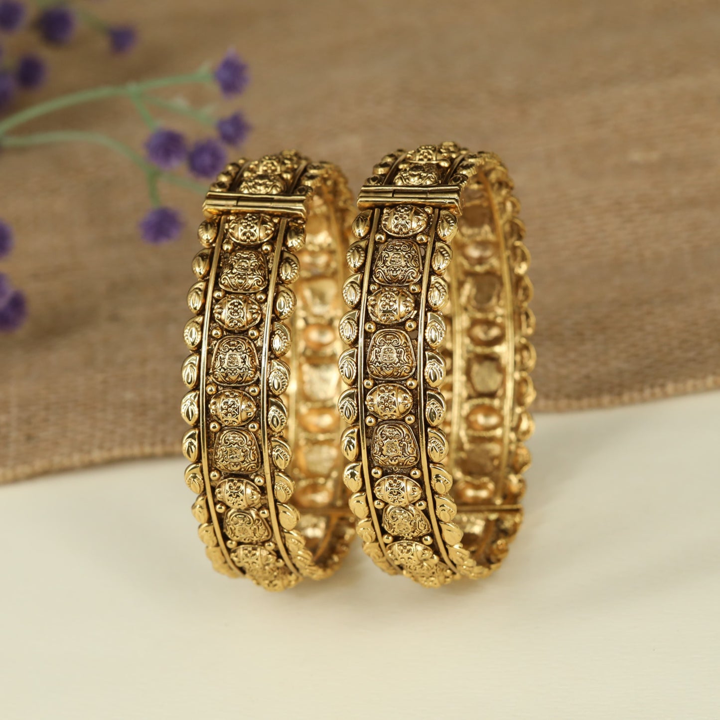 Continuous Sculpted Panel Antique Bangles with Ornate Borders