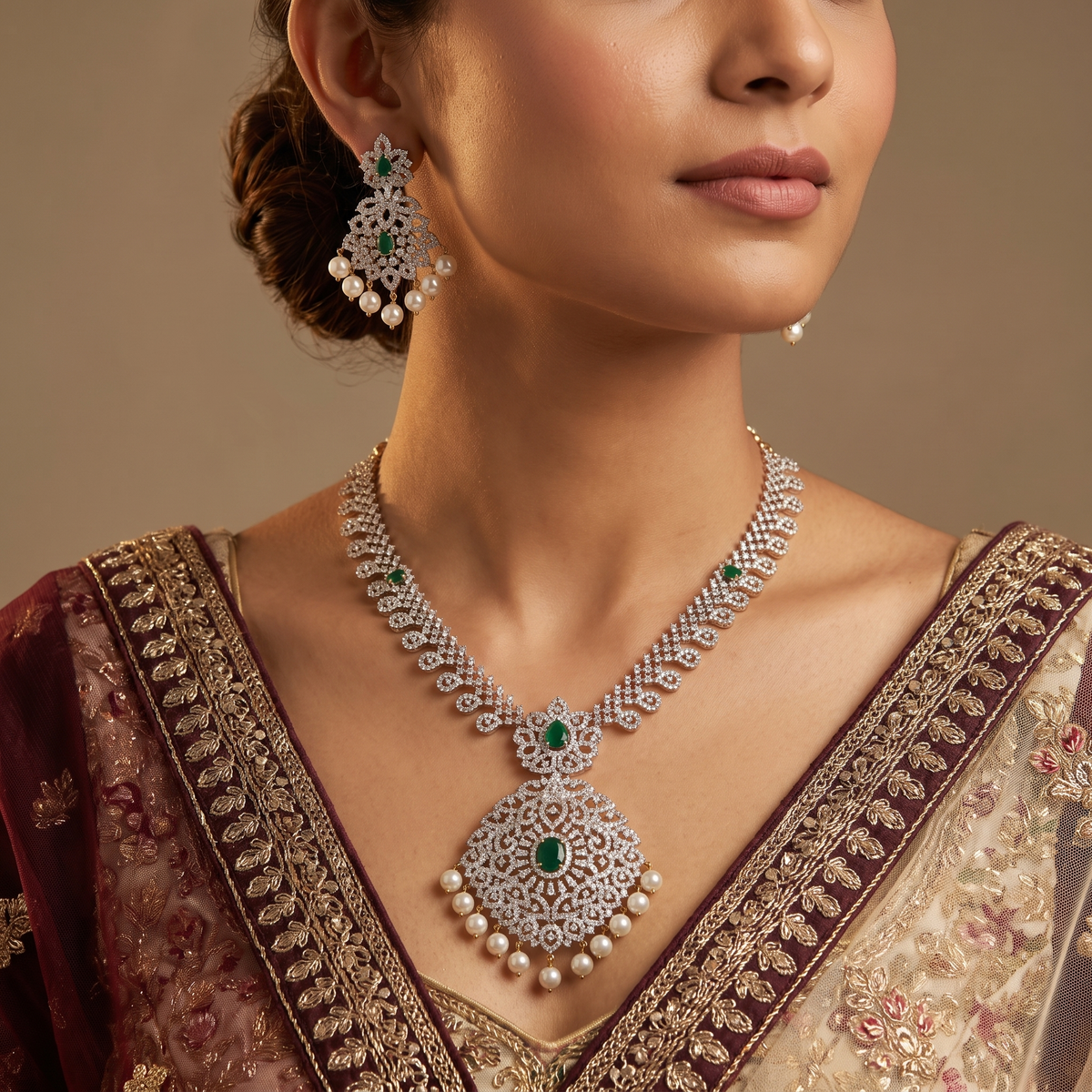Floral GJ Necklace Set with Openwork Pendant