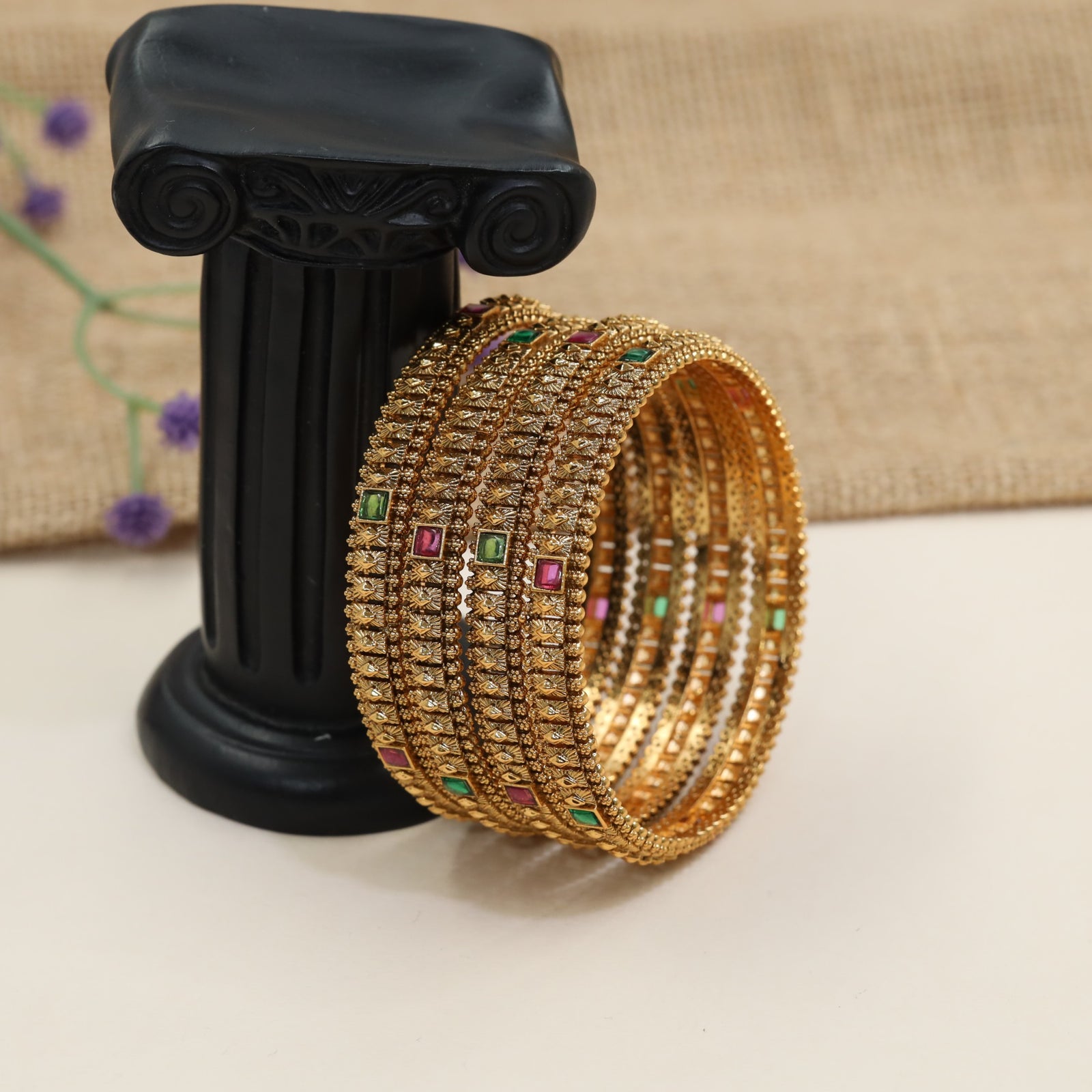 Structured Antique Bangles Featuring Repeating Square Accent Design
