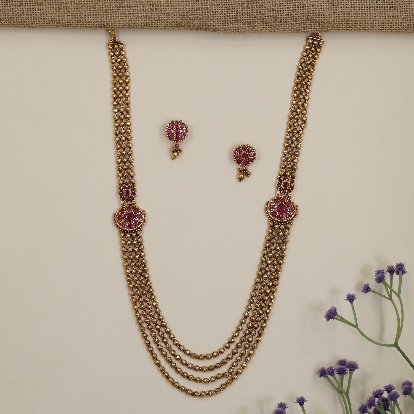 Multi-Strand Antique Long Haara with Floral Medallion Accents
