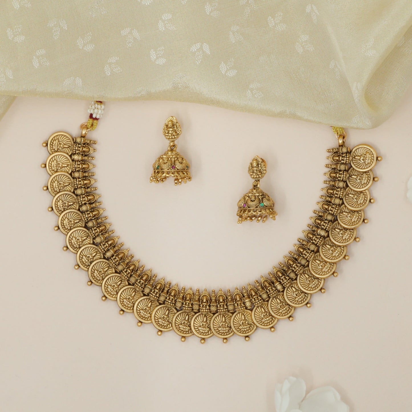 Lakshmi Coin Antique Necklace with Temple Goddess Border Design
