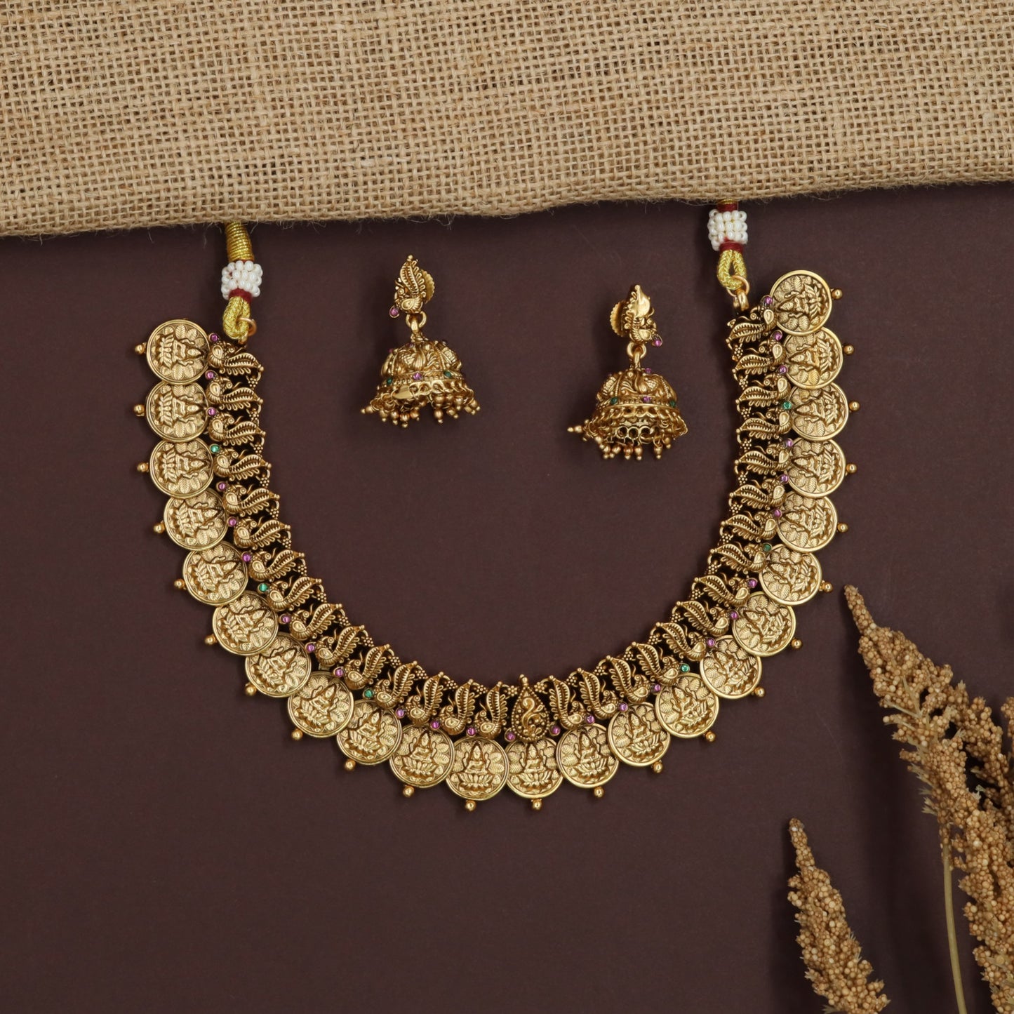 Lakshmi Coin Antique Necklace with Intricate Peacock Temple Design