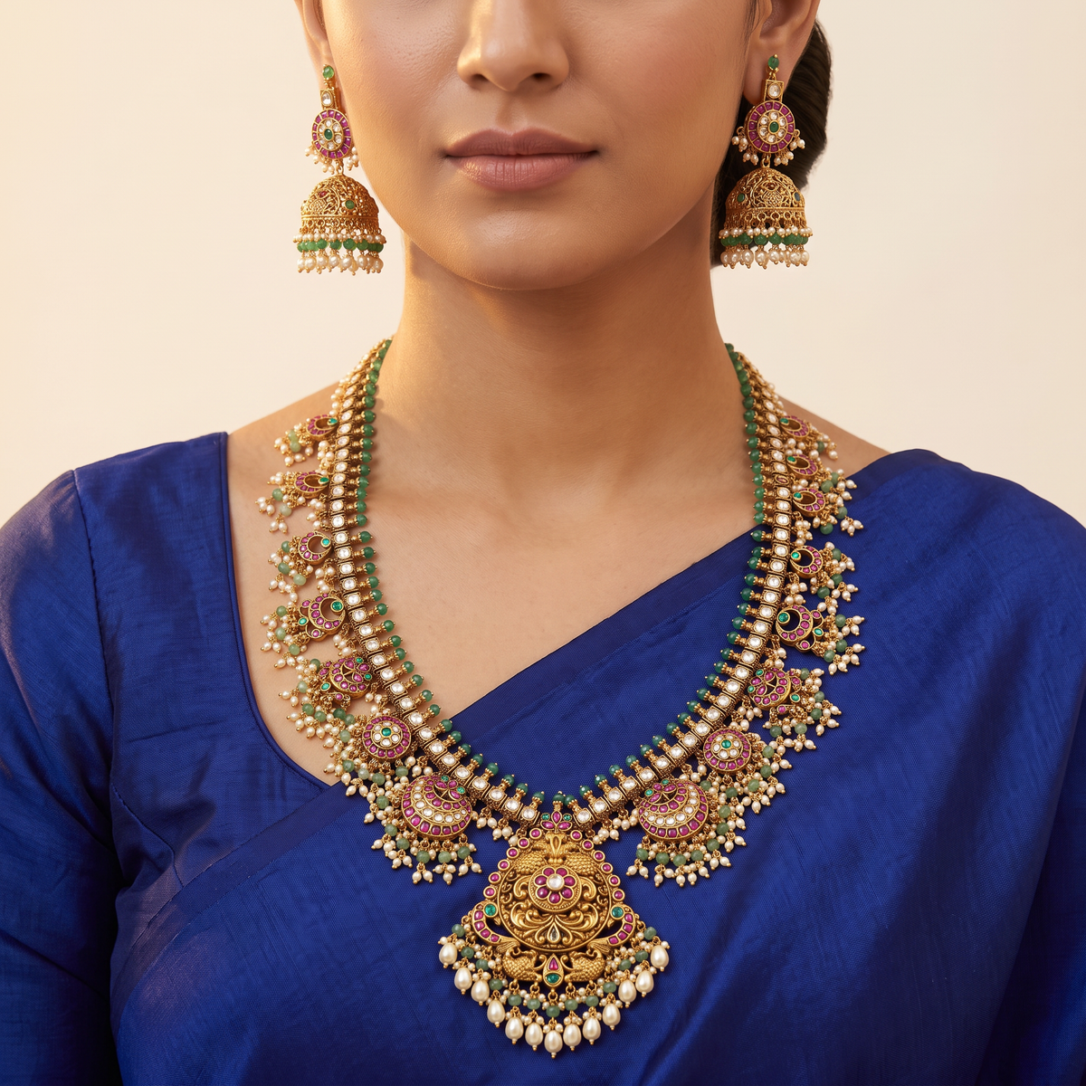 Chandbali Antique Long Haara Set with Temple Pendant