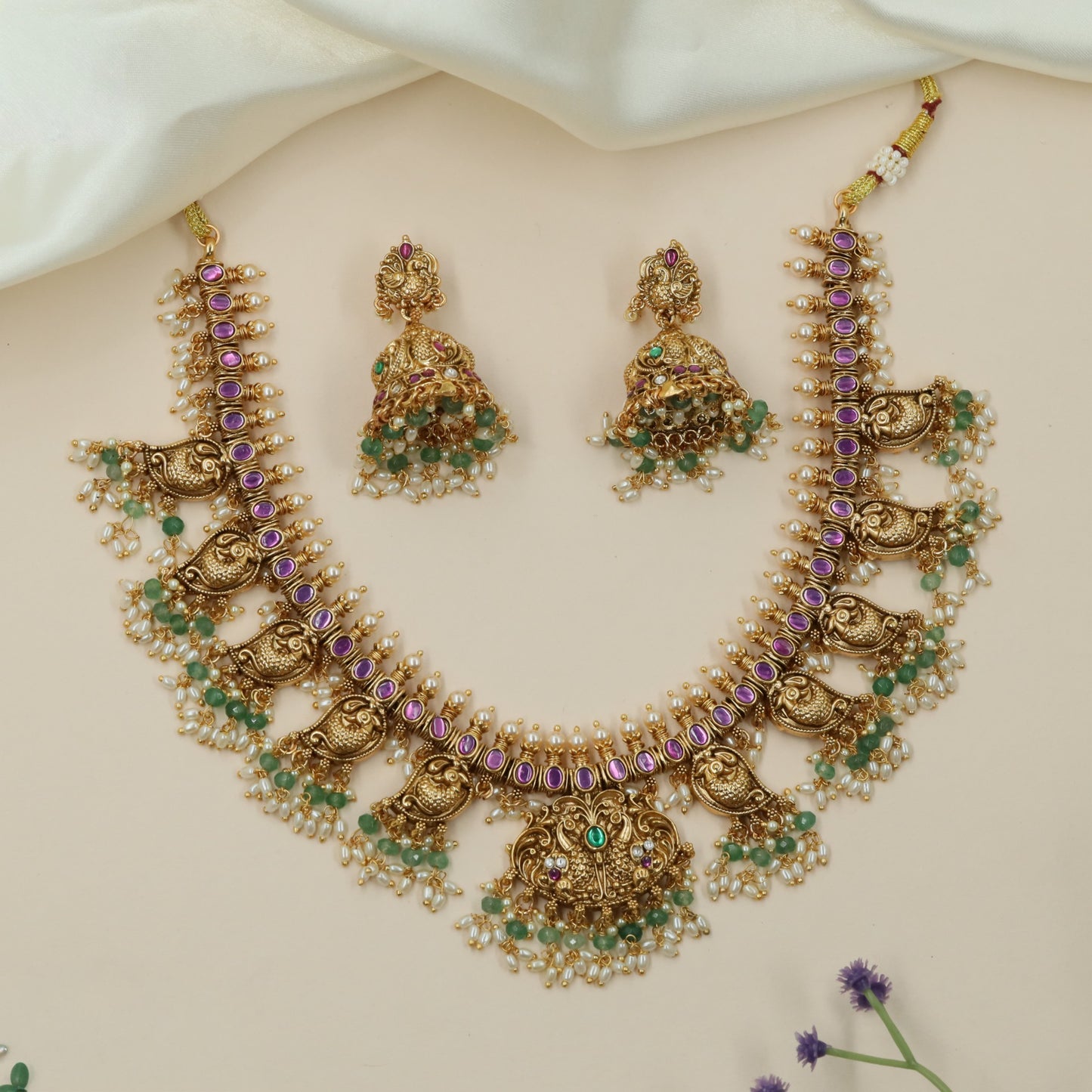 Grand Peacock Antique Necklace with Traditional Temple Craftsmanship