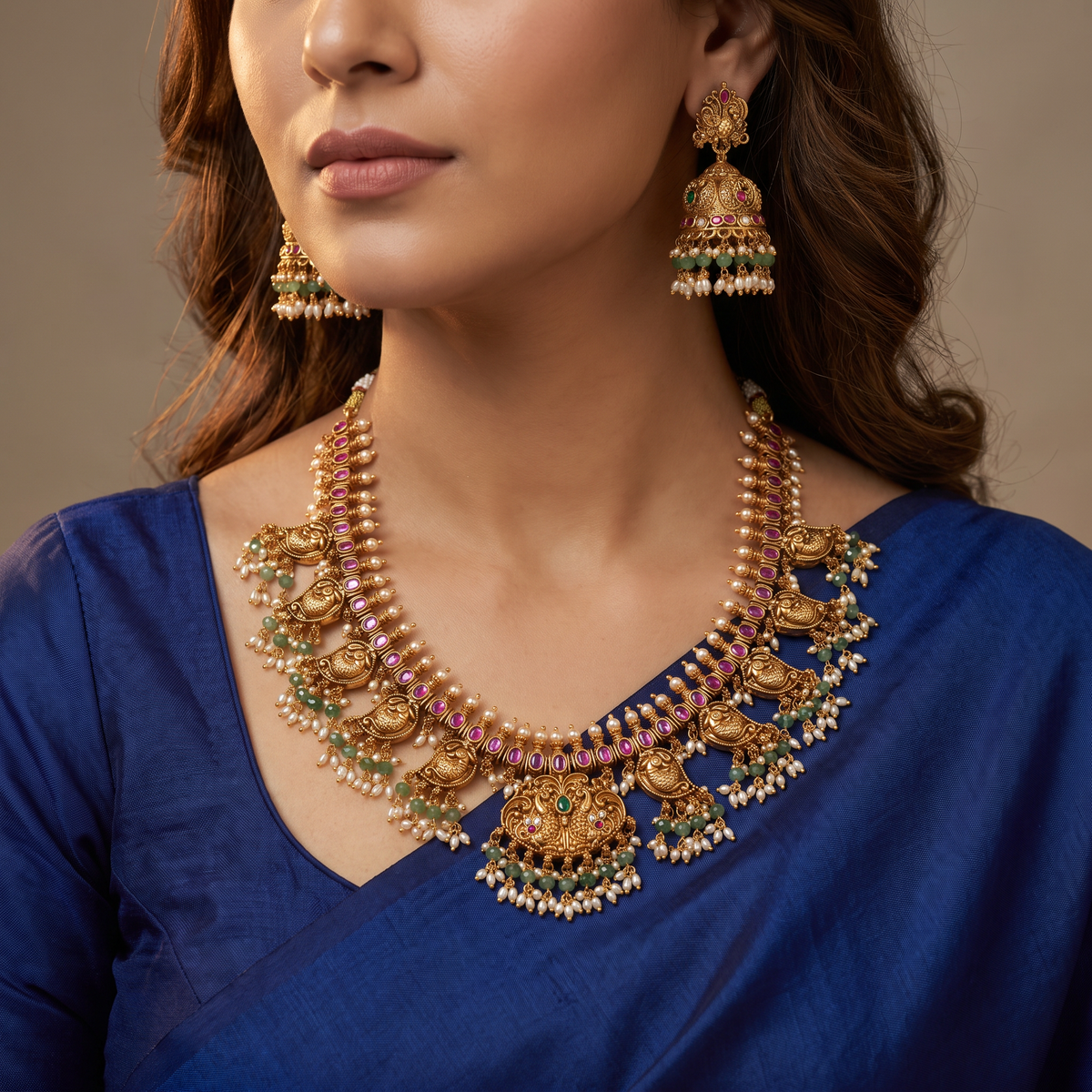 Grand Peacock Antique Necklace Set with Temple Craftsmanship