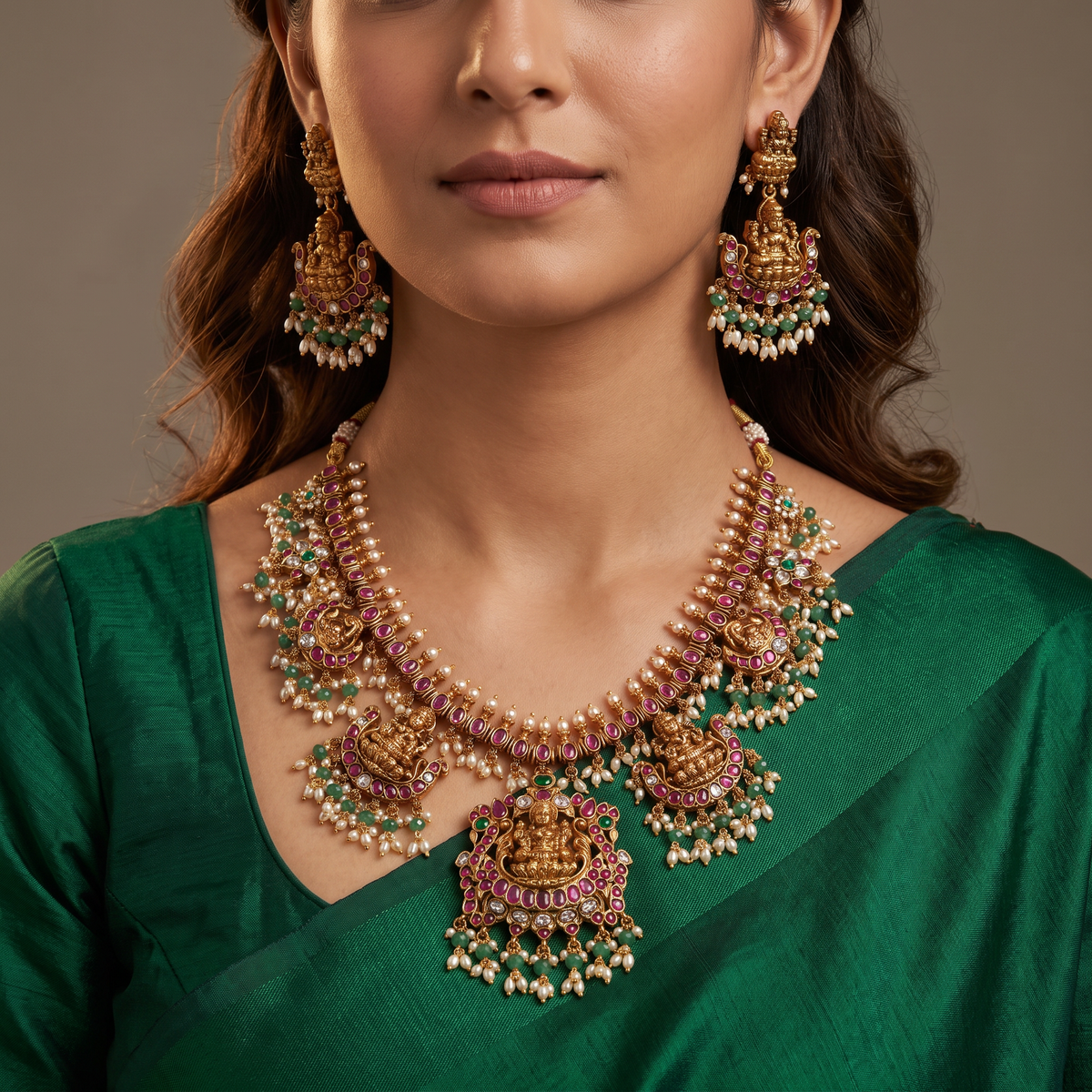 Lakshmi Antique Necklace Set with Peacock Side Panels