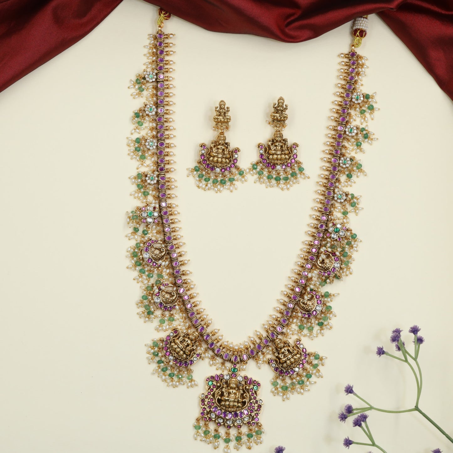 Lakshmi Antique Long Haara with Peacock Panels and Pearl Fringe Design