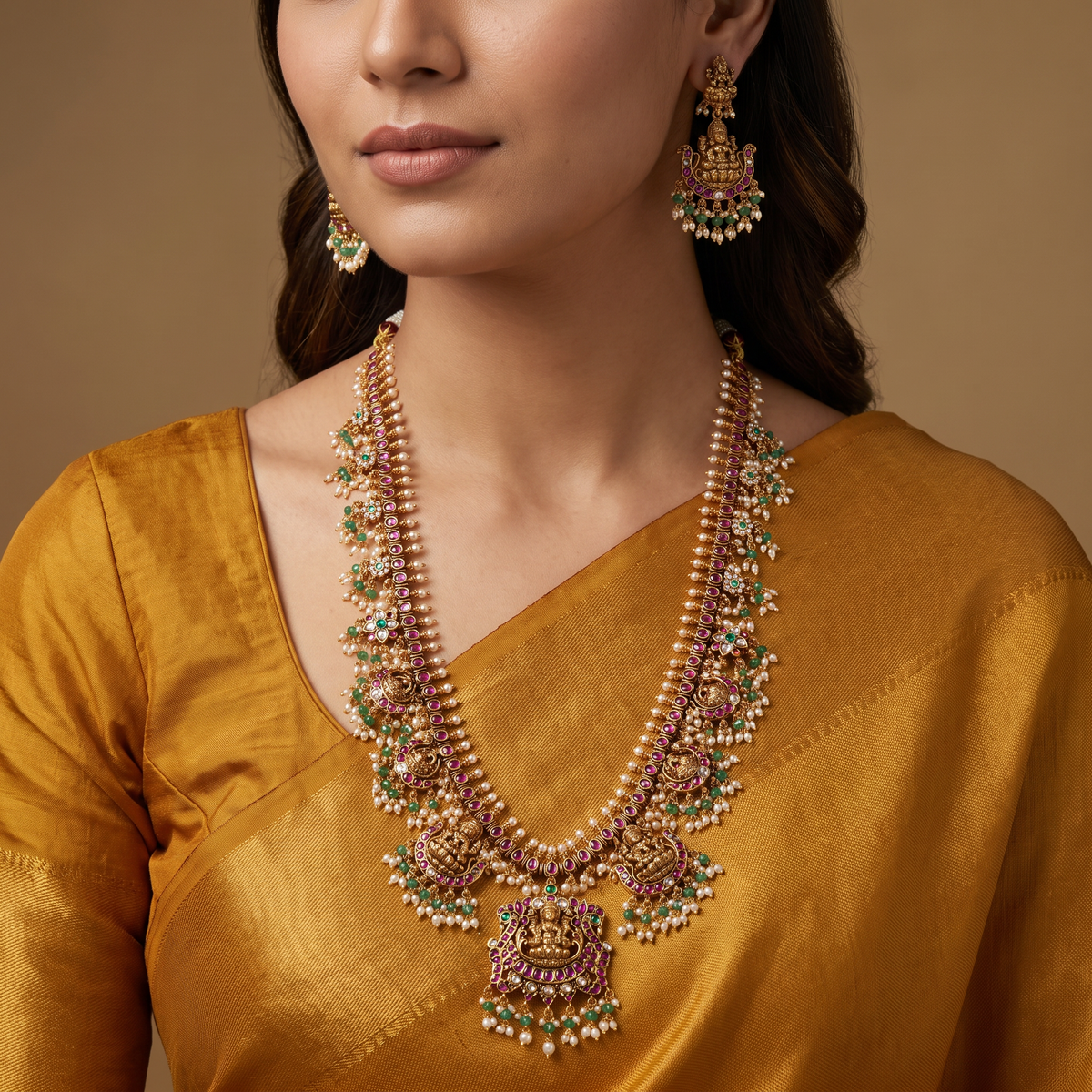 Lakshmi Antique Long Haara Set with Peacock Panels