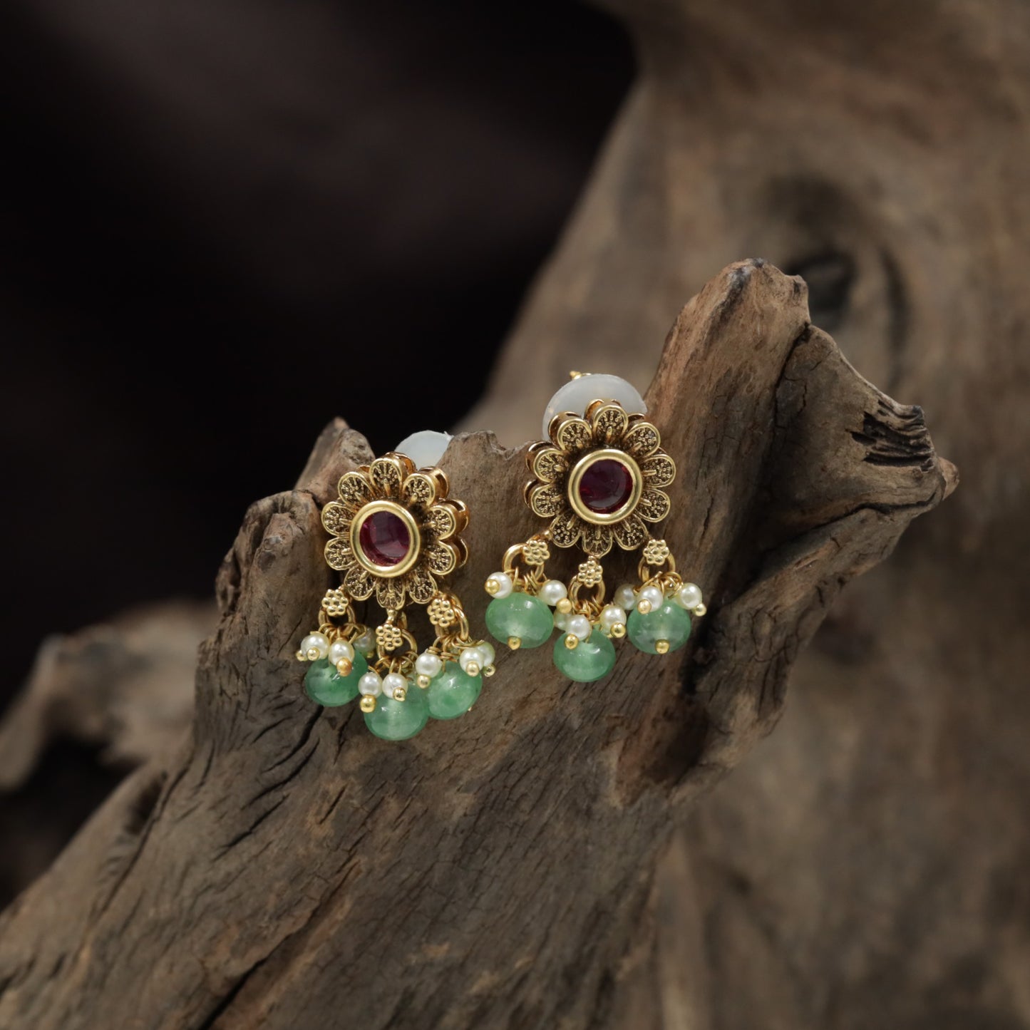 Floral Antique Stud with Scalloped Petal Design and Hanging Bead Drops