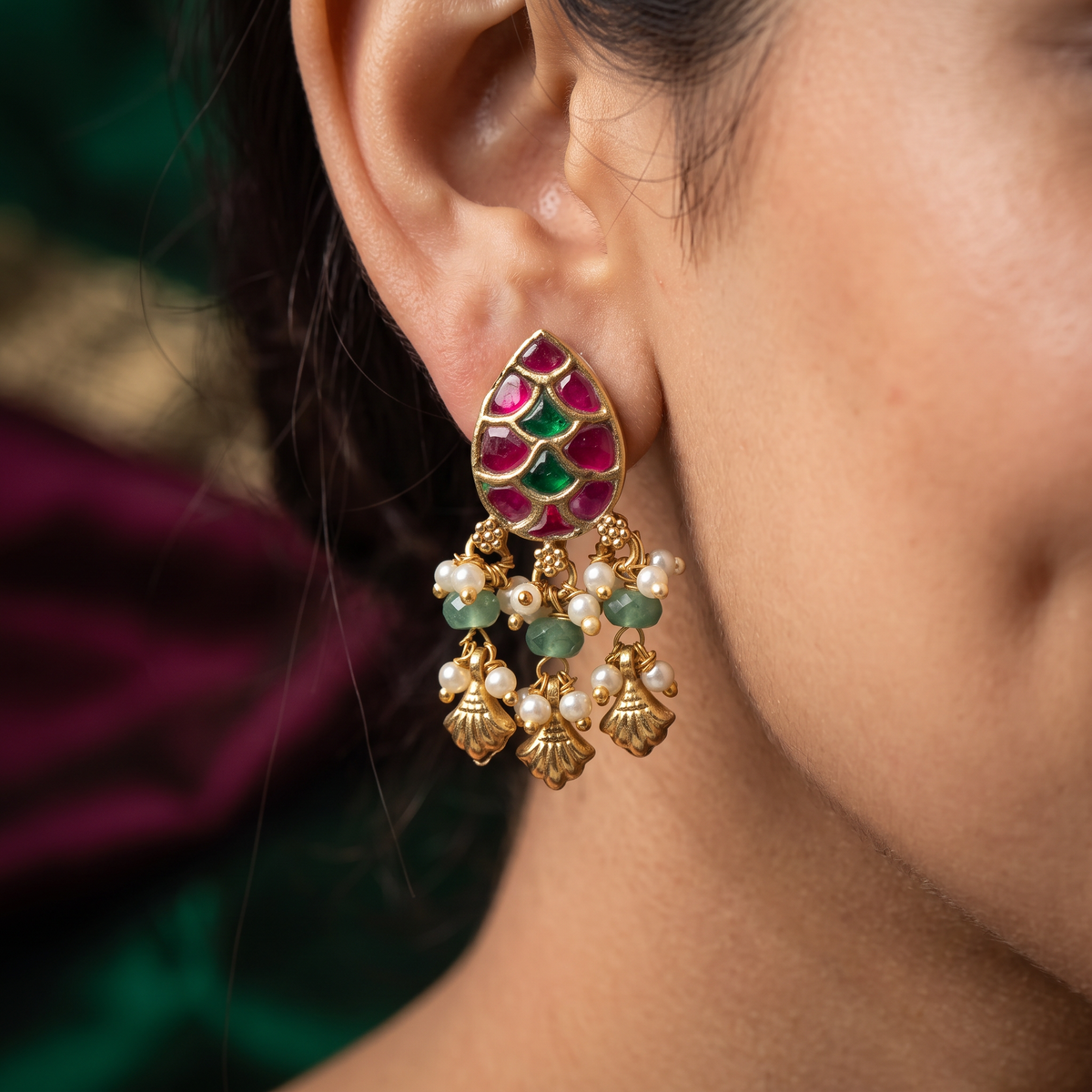 Heritage Teardrop Antique Stud with Pearl Clusters