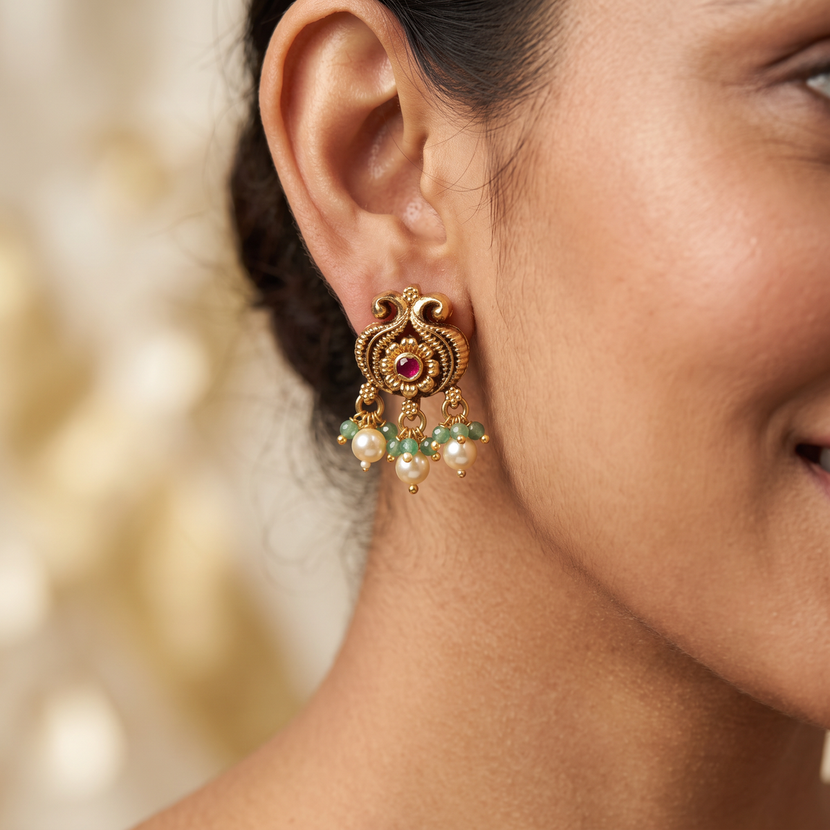 Classic Scrollwork Antique Stud with Floral Centre