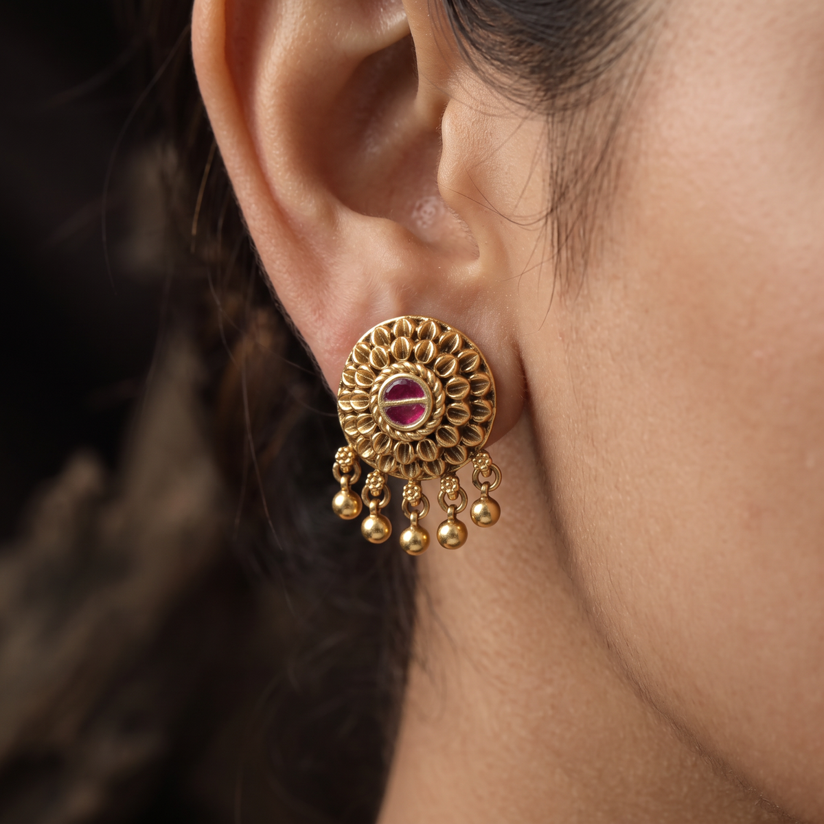 Floral Rosette Antique Stud with Hanging Bead Drops