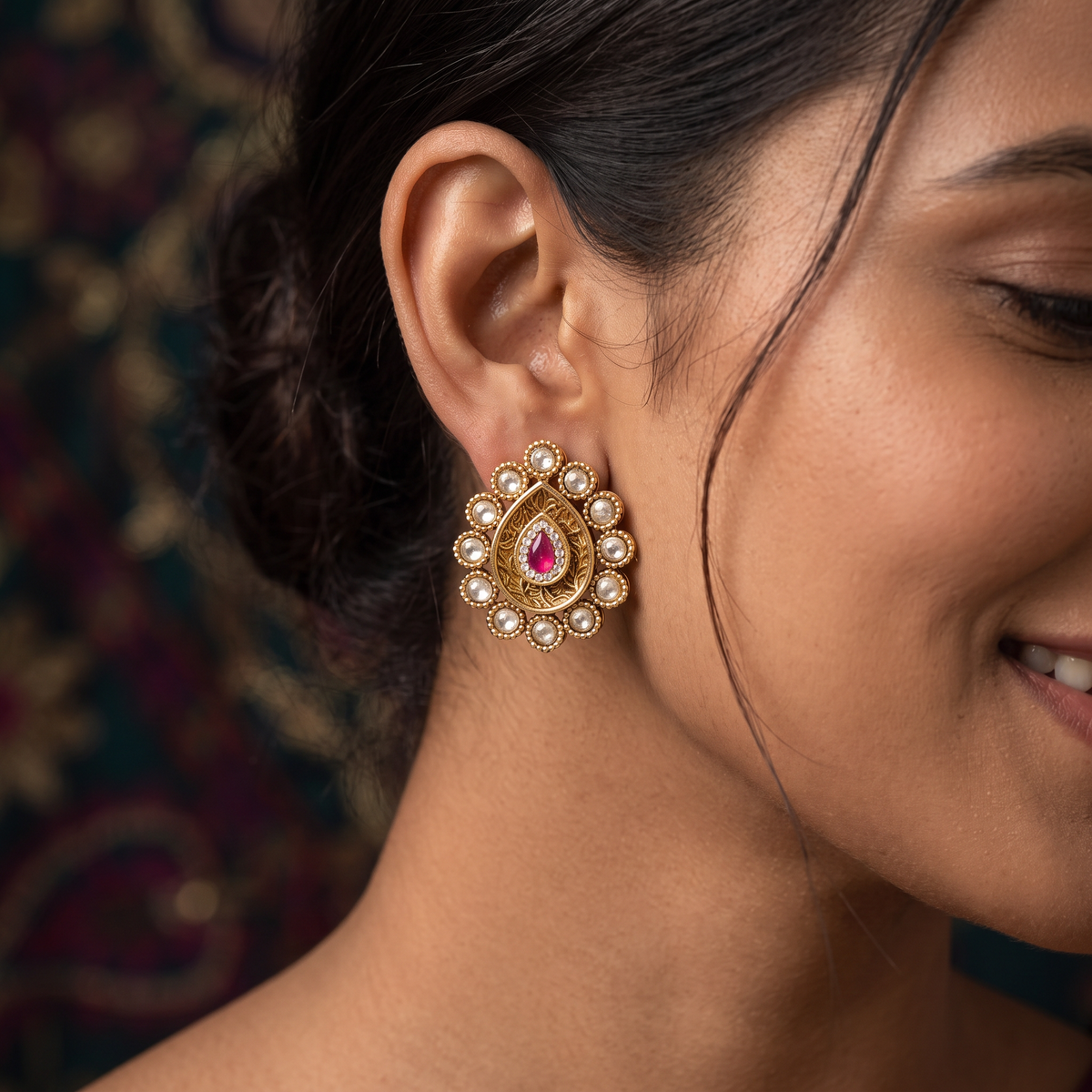 Antique Teardrop Stud with Circular Pearl Halo