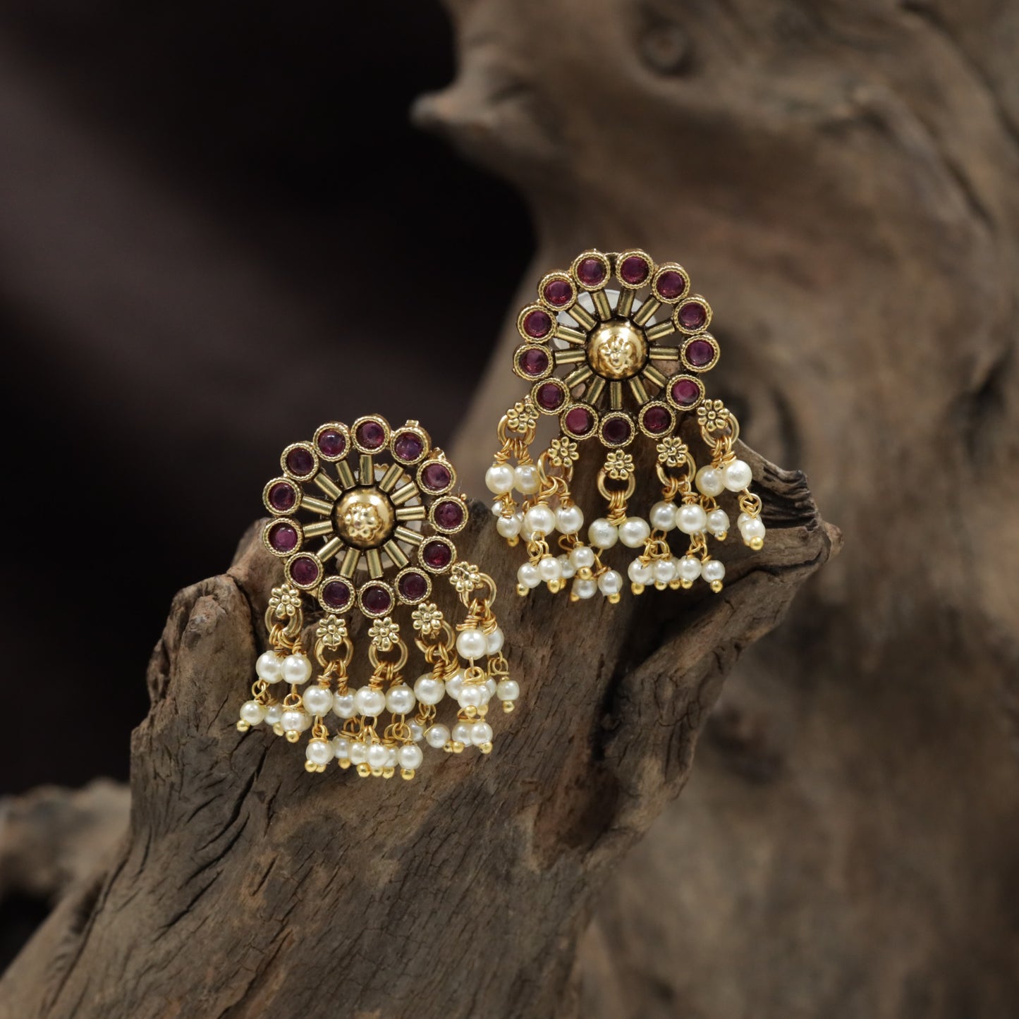 Sunburst Antique Stud with Floral Halo and Pearl Drop Fringe
