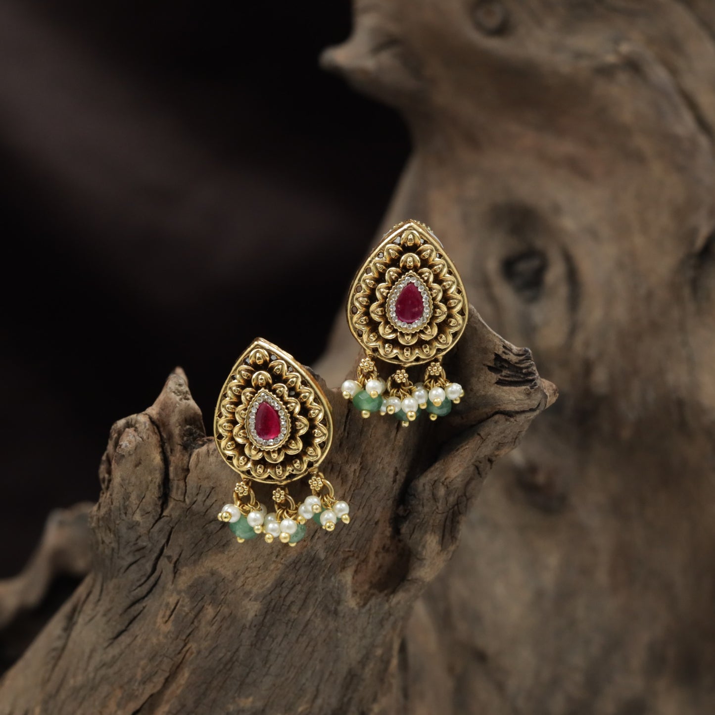 Teardrop Antique Stud with Layered Floral Design and Hanging Shell Charms