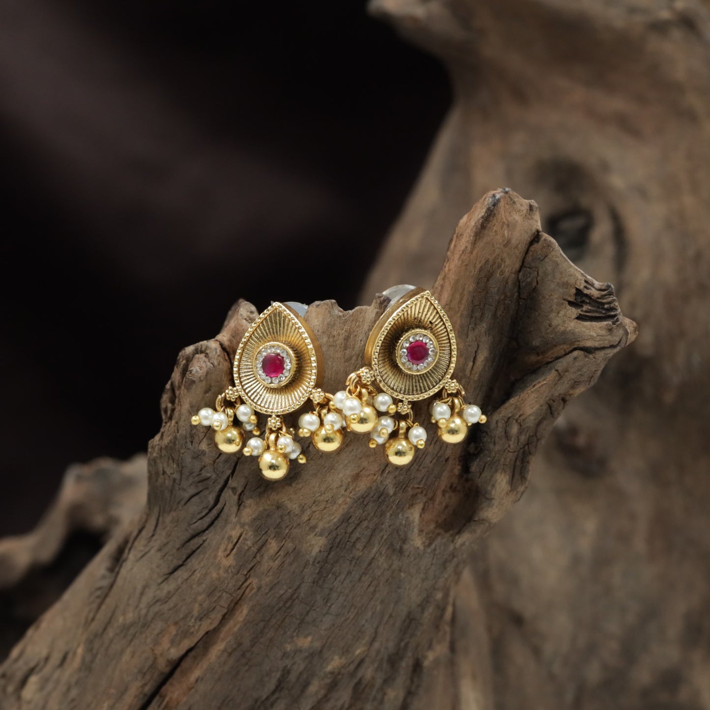 Teardrop Halo Antique Stud with Radiating Border and Pearl Cluster Fringe