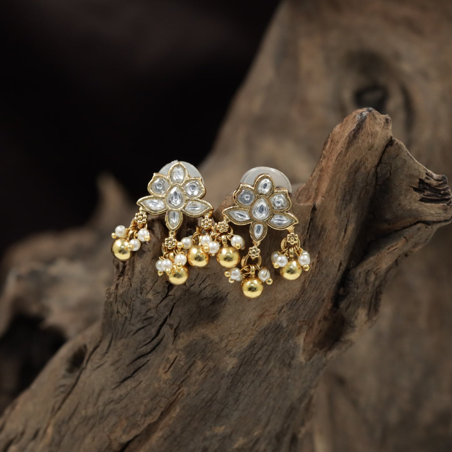 Antique Stud Featuring a Six Petal Floral Pattern and Drop Accents