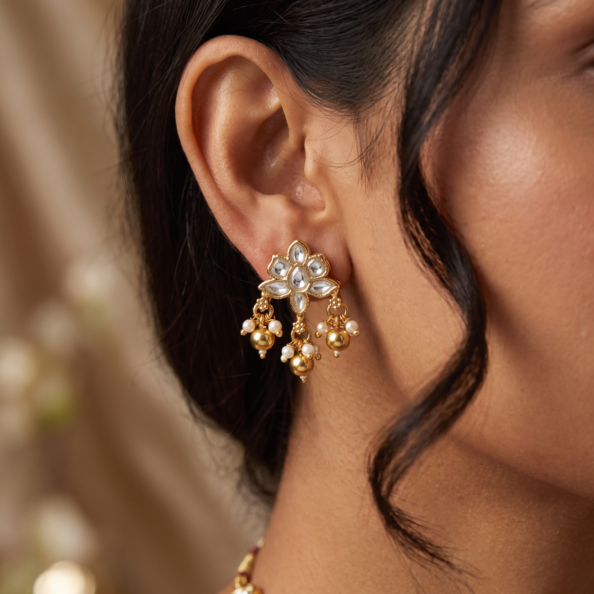 Six-Petal Floral Antique Stud with Drop Accents