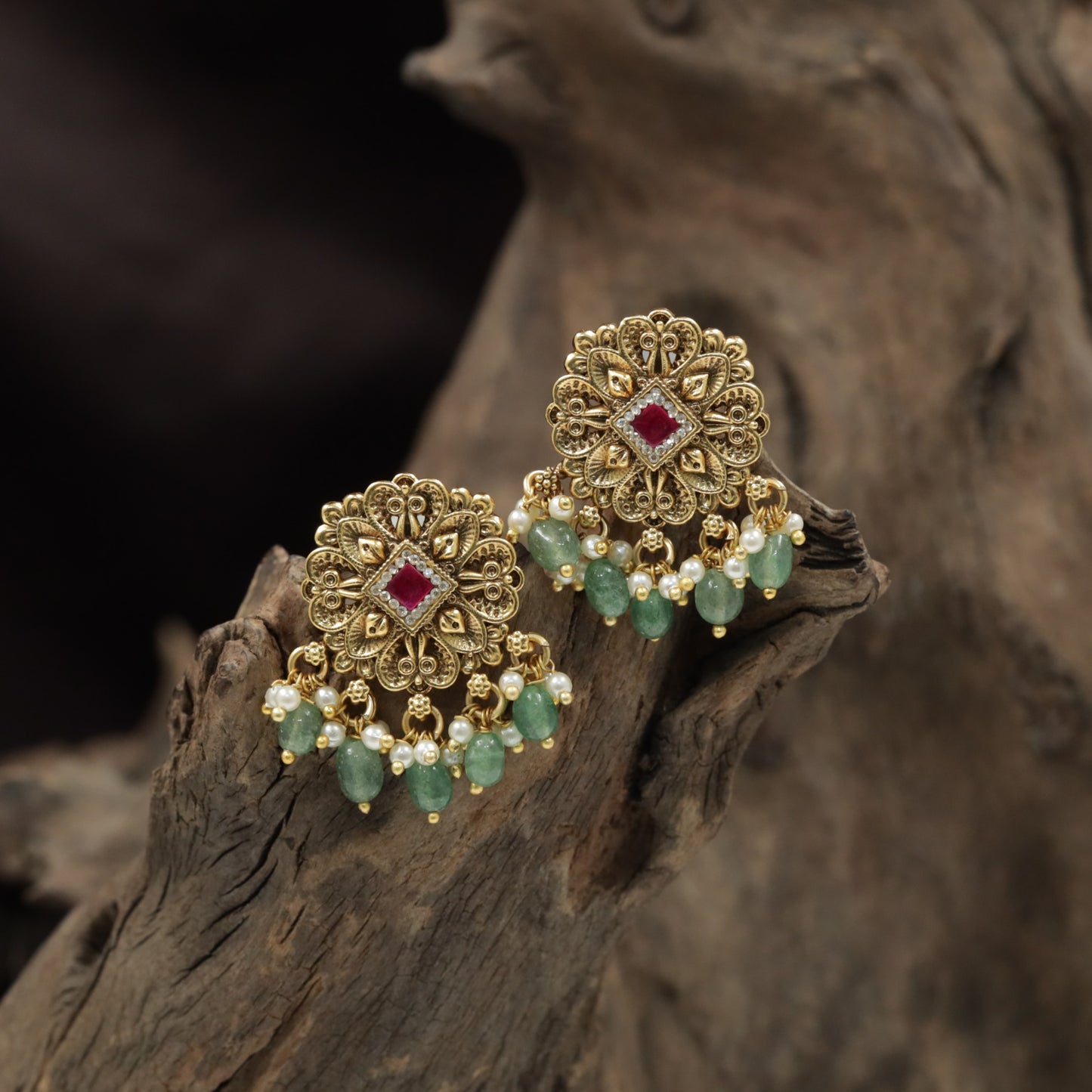 Antique Stud with Decorative Floral Frame and Ball Drop Accents
