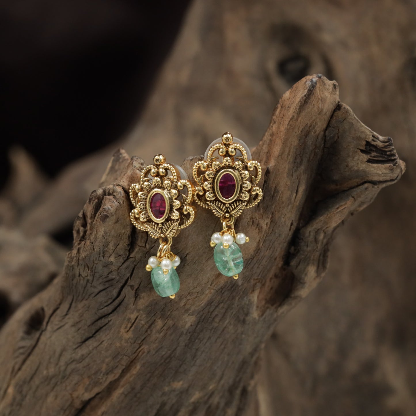 Openwork Antique Stud with Decorative Scrollwork and Pearl Accents
