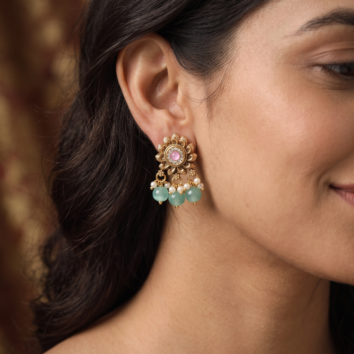 Floral Halo Antique Stud with Pearl Cluster Fringe
