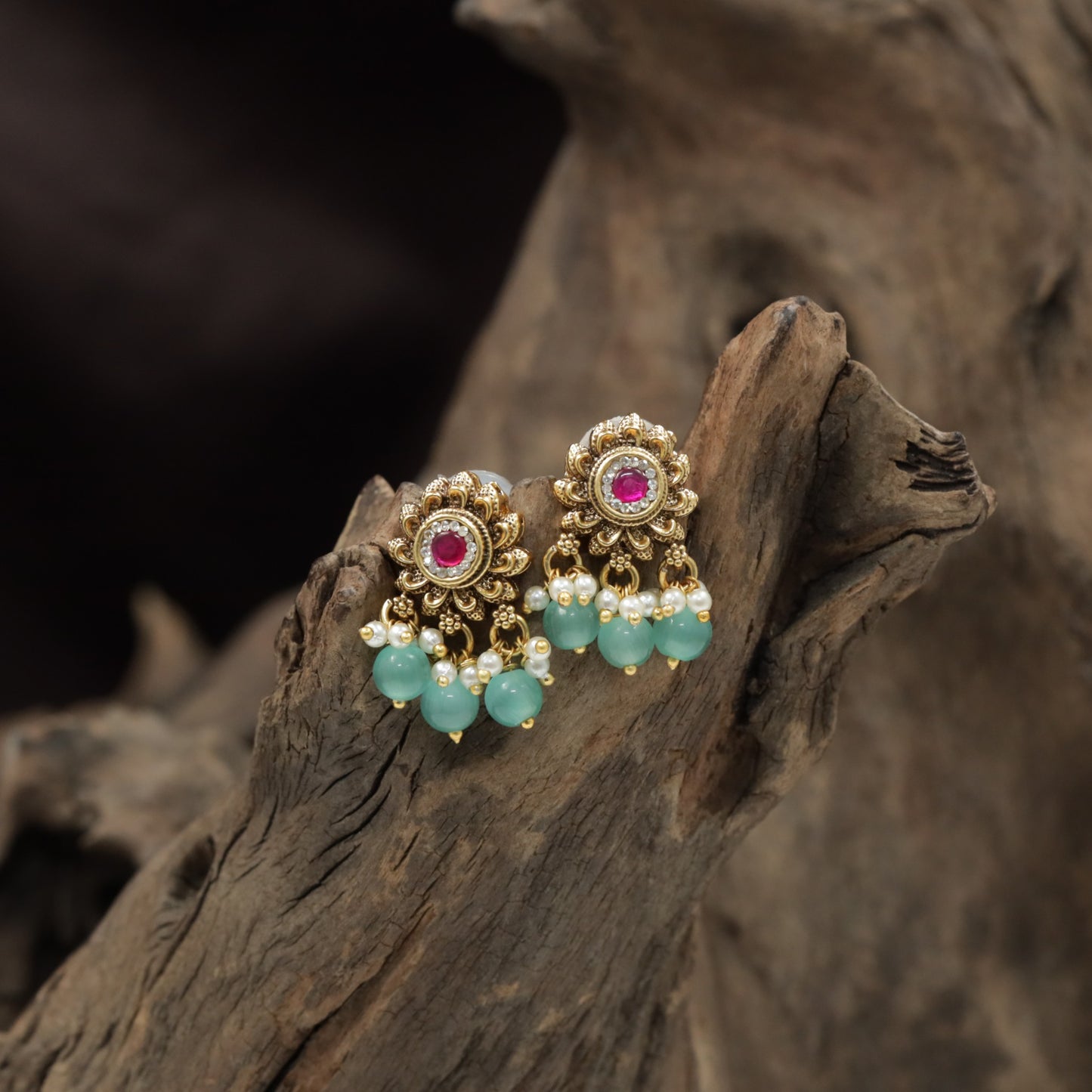 Floral Halo Antique Stud with Pearl Cluster and Ball Drop Fringe