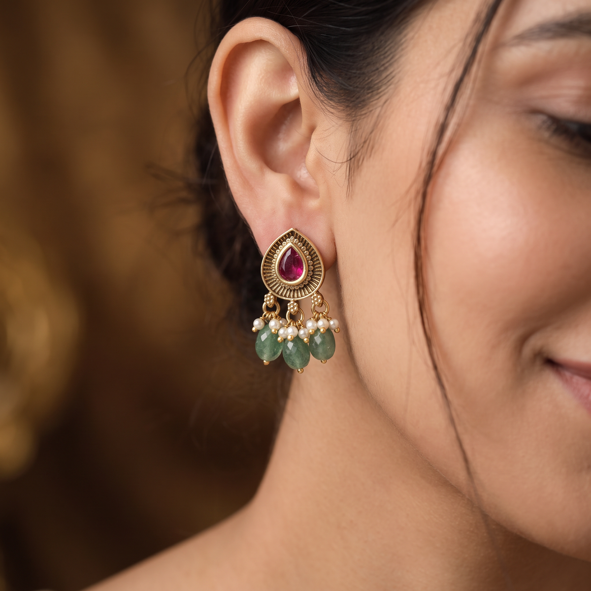 Teardrop Halo Antique Stud with Pearl Cluster Fringe