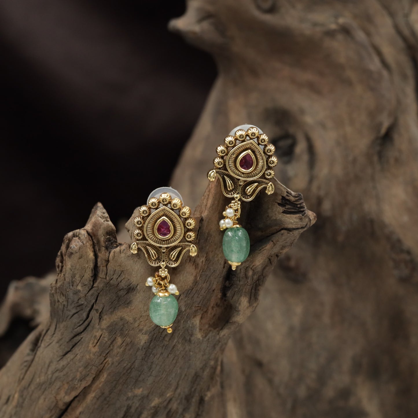 Teardrop Antique Stud with Rosette Border and Pearl Accents