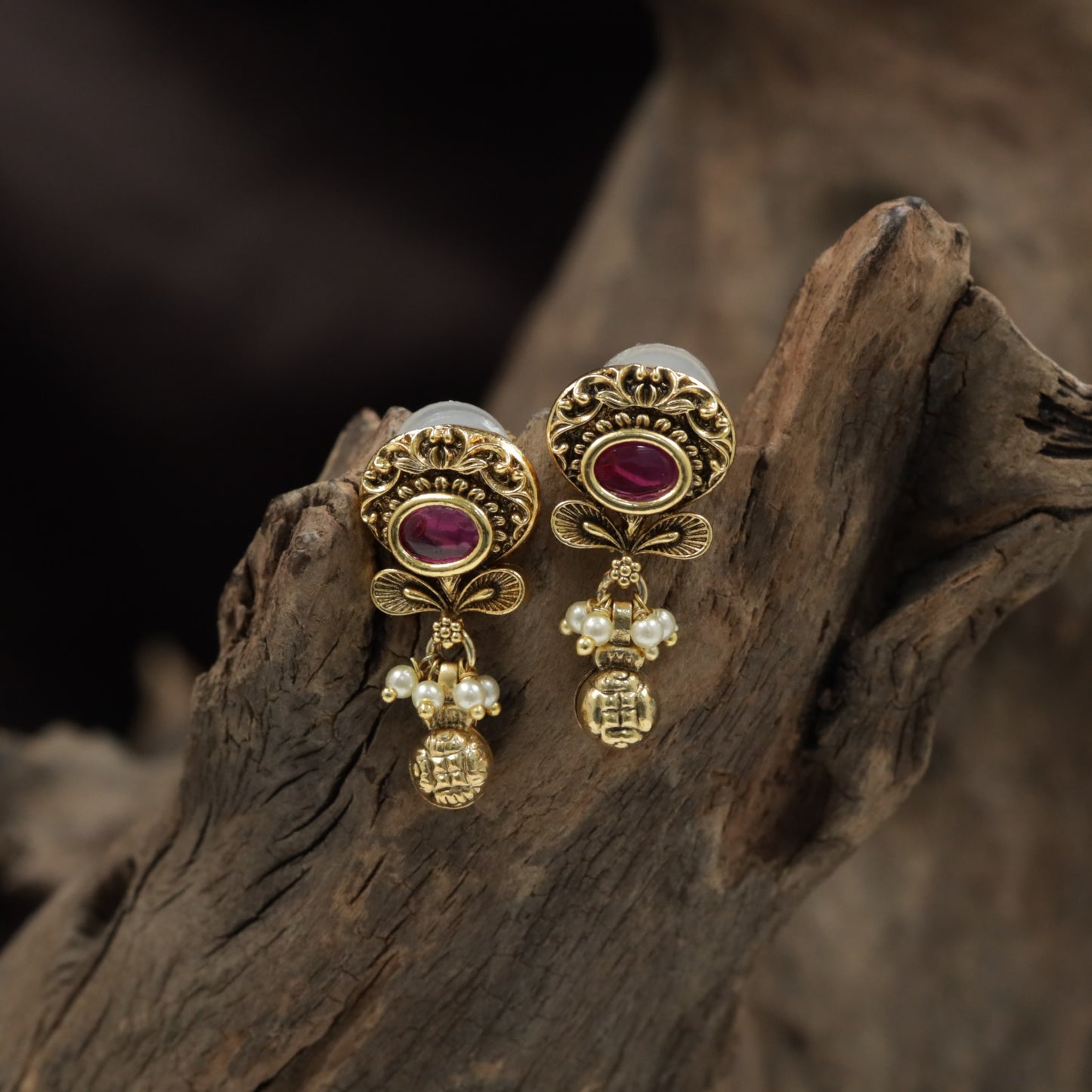 Antique Stud with Decorative Crest and Bead Drop Accent
