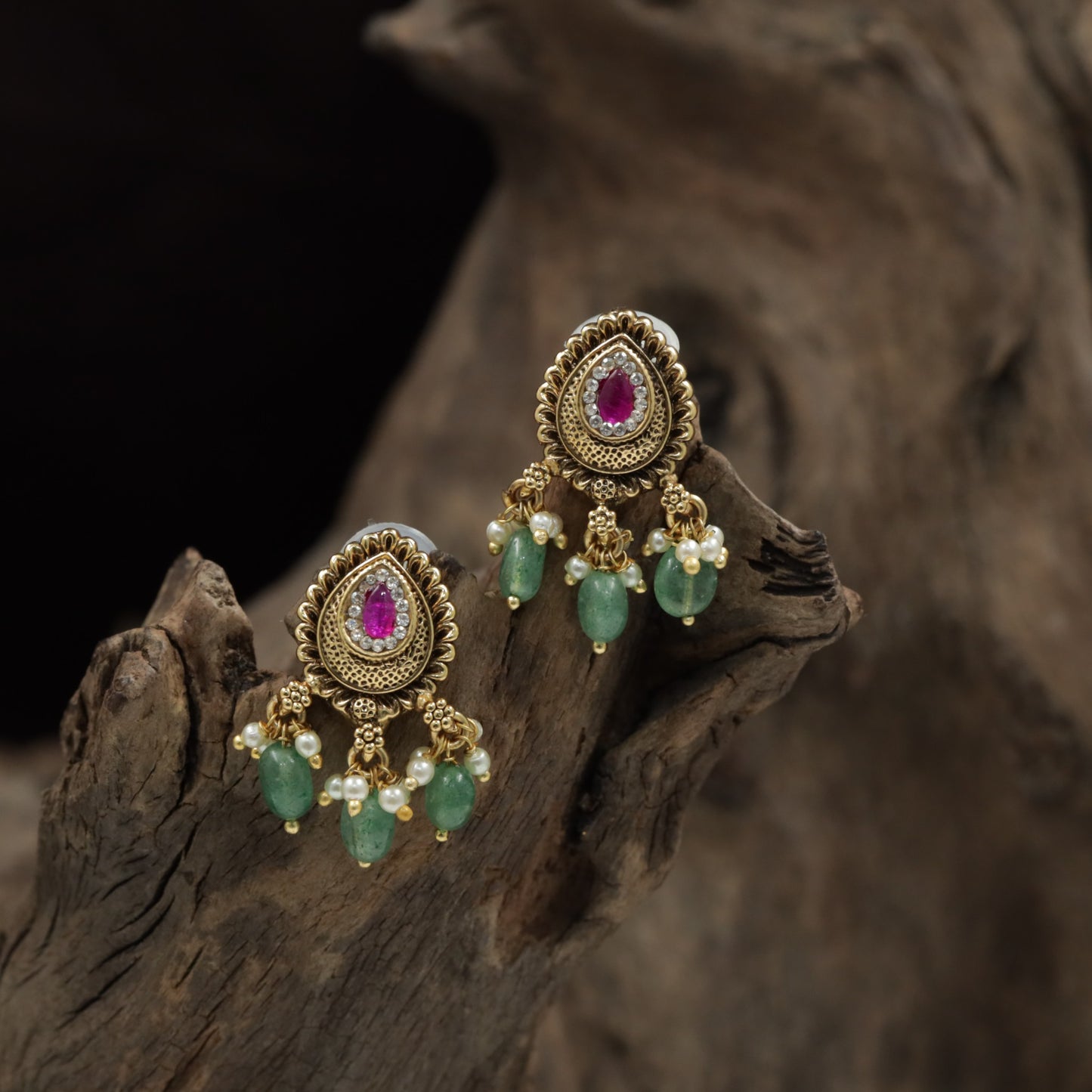 Classic Teardrop Medallion Stud With Clustered Pearl Accents