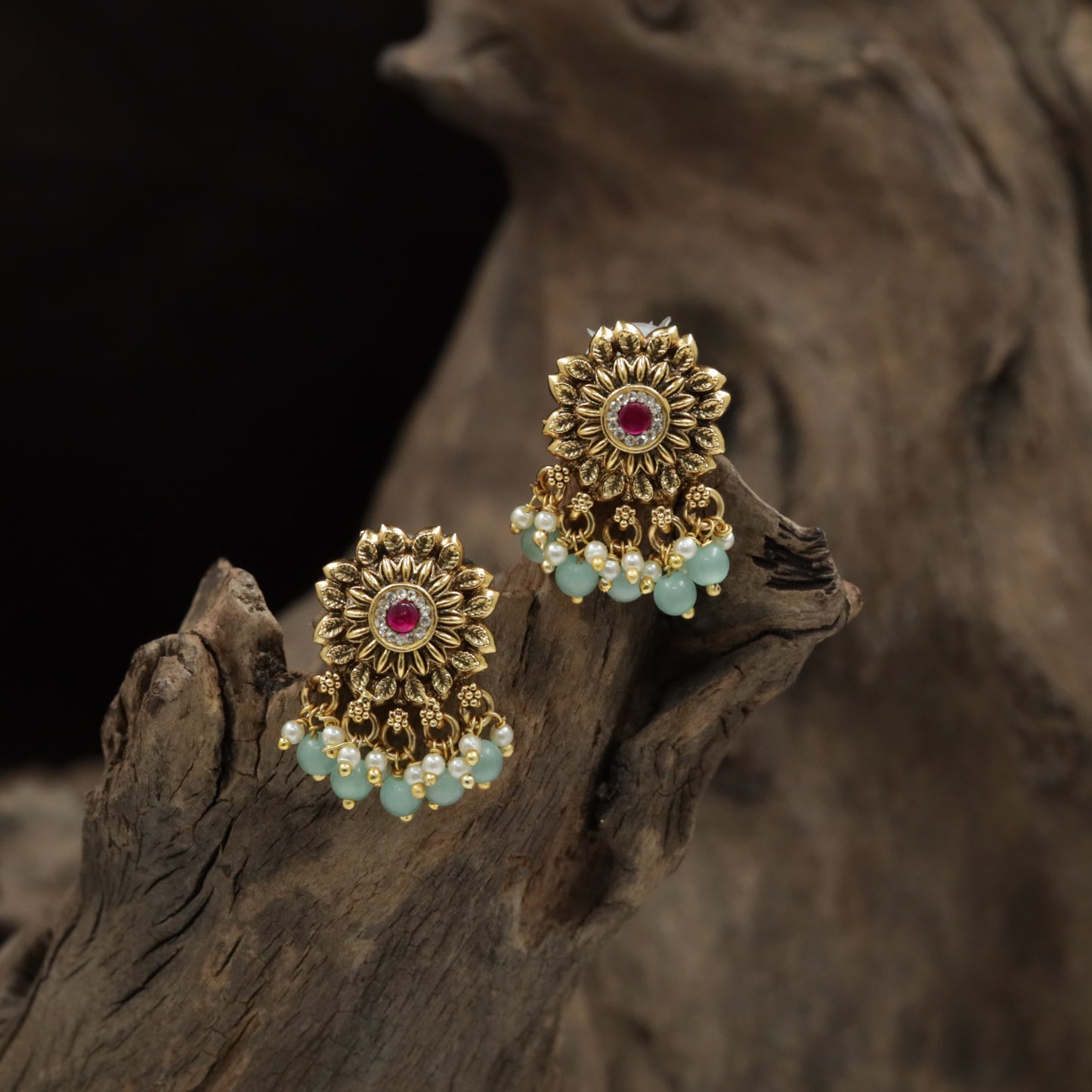 Sunburst Floral Antique Stud with Layered Petal Detailing and Ball Drop Fringe
