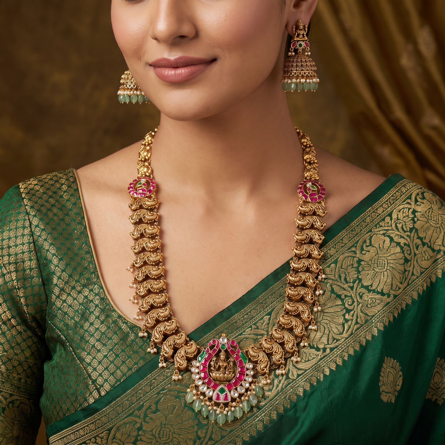 Detailed Lakshmi Antique Long Haara with Floral Centre