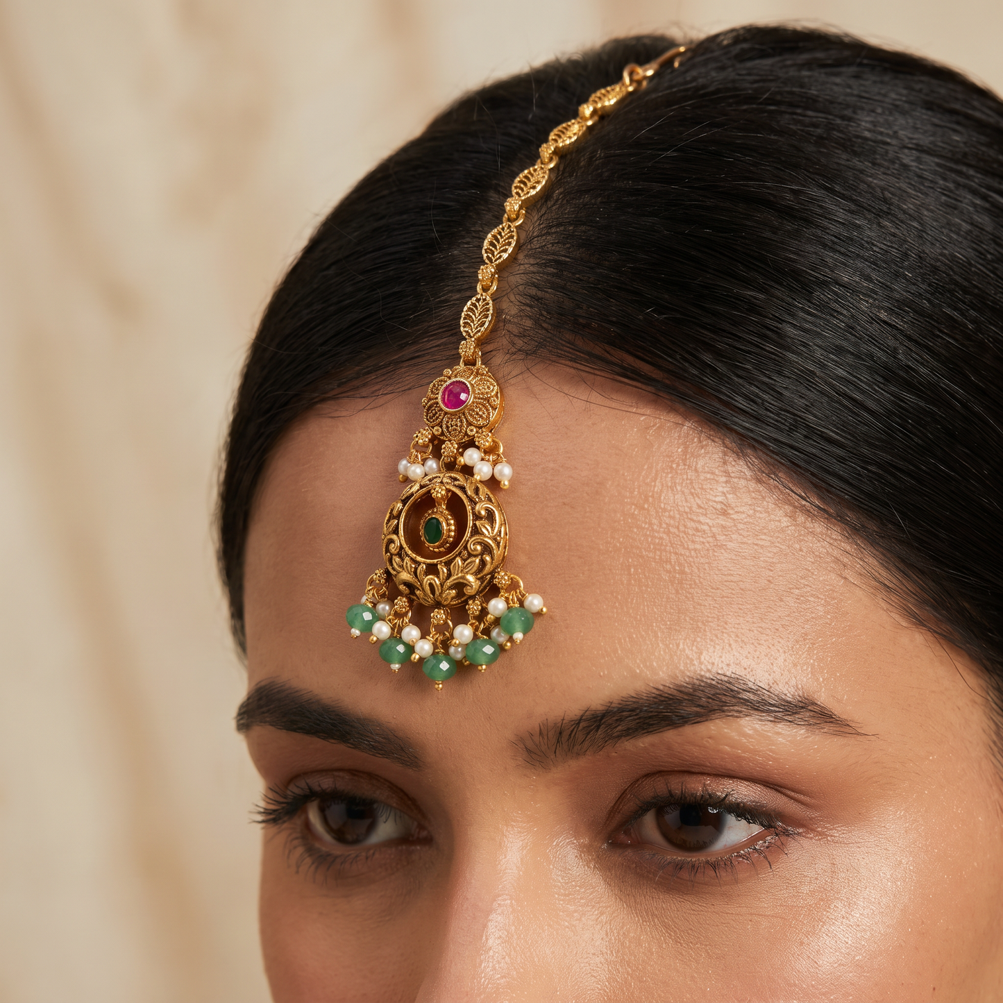Antique Tikka Featuring Ornate Scrollwork and Beaded Drops