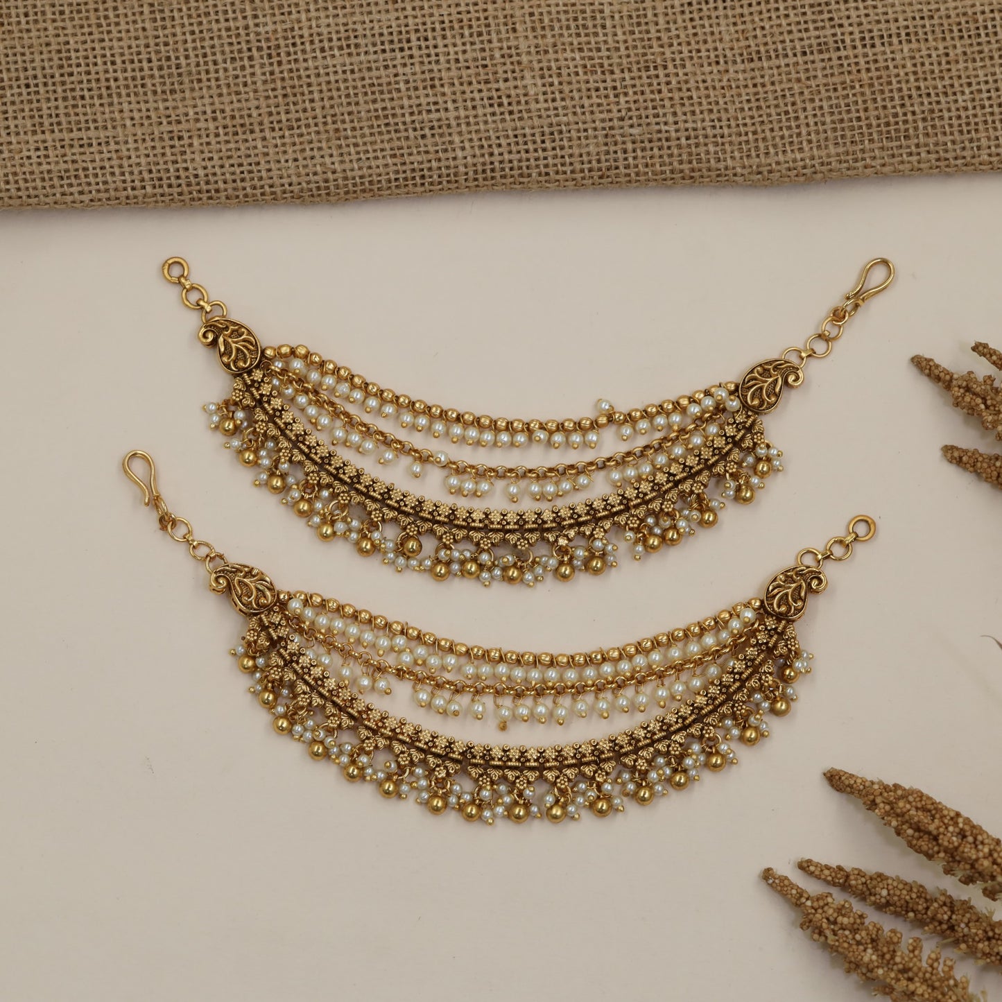 Paisley Link Antique Mati with Curved Beaded Strands and Intricate Fringe