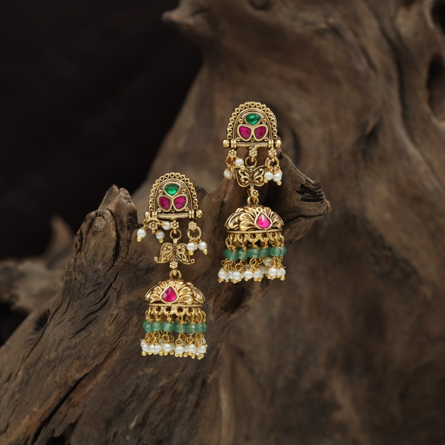 Traditional Antique Jumka with Decorative Arch, Sculpted Drop and Beaded Fringe