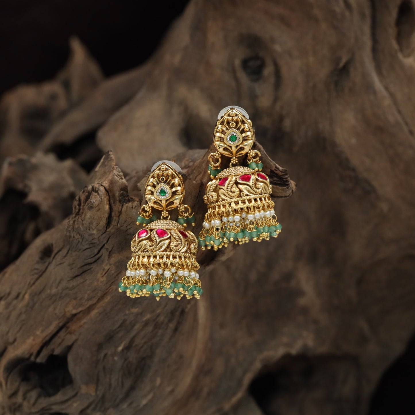 Ornate Leaf-Shaped Stud with Sculpted Dome Antique Jumka and Beaded Fringe