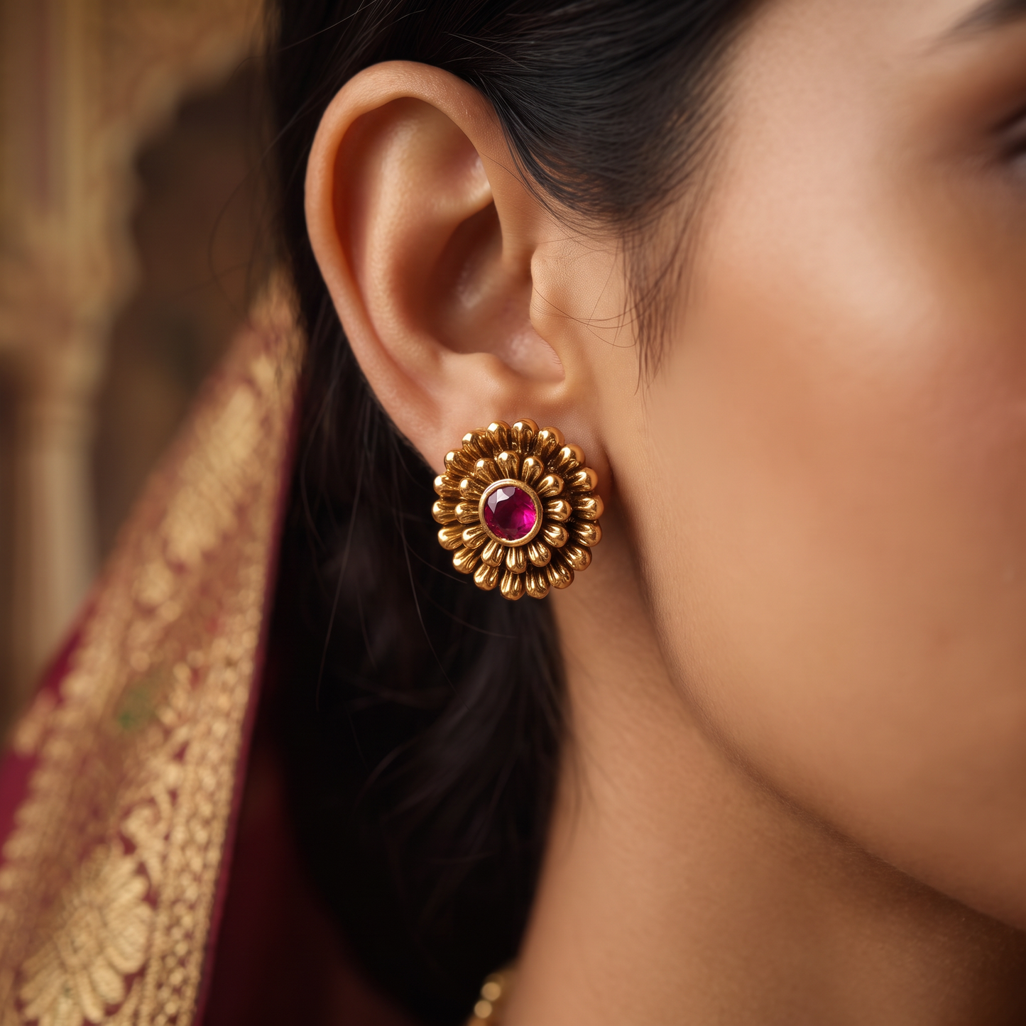 Floral Antique Stud with Sculpted Petals and Ornamental Centre