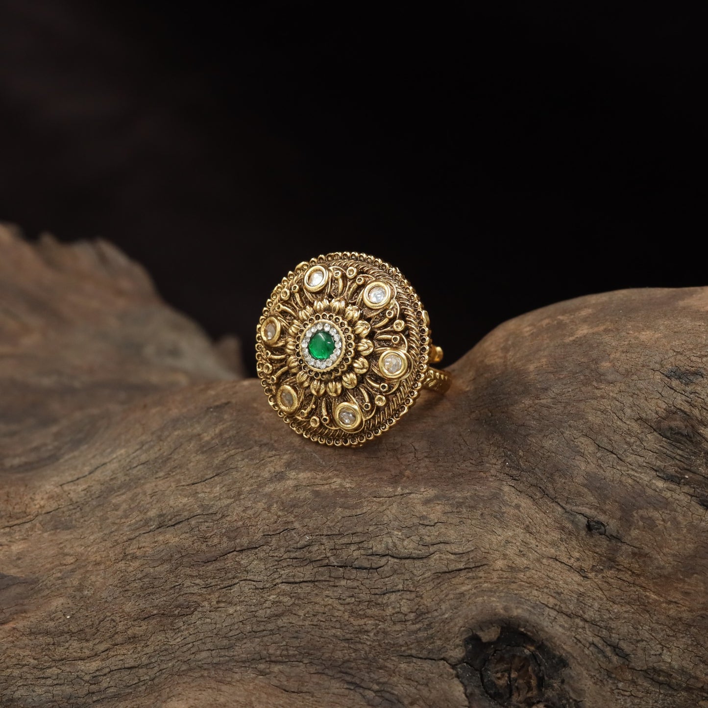 Traditional Floral Finger Ring with Detailed Centre Work and Ornamental Circular Frame