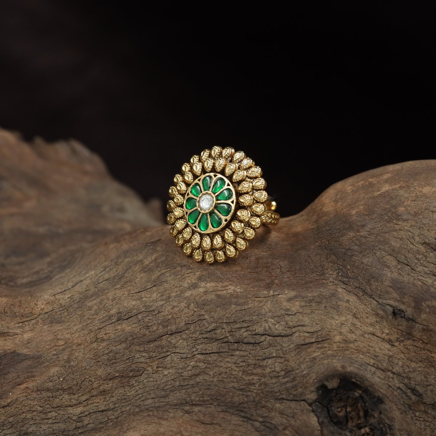 Antique Finger Ring with Symmetrical Floral Work and Fine Beaded Edging